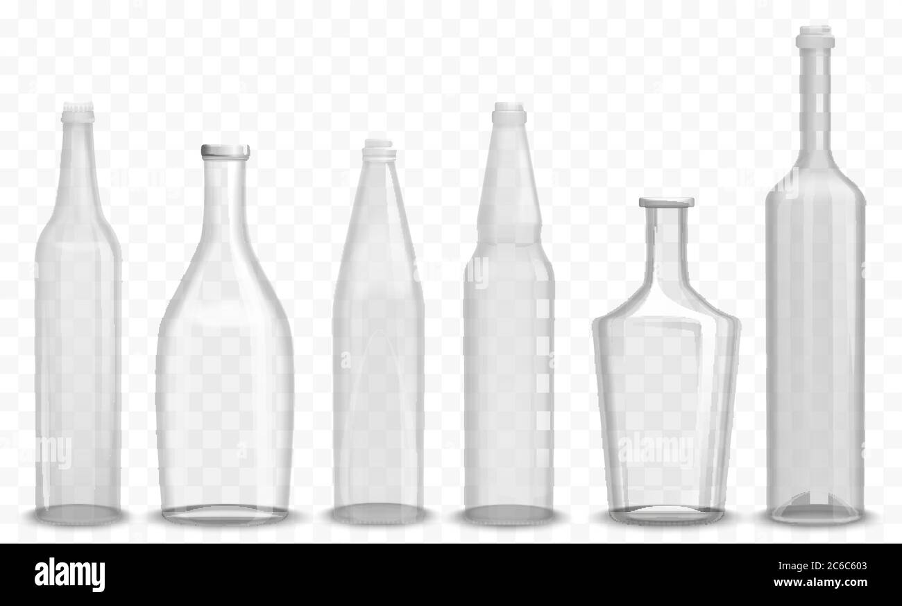 Realistic glass empty bottle in various design set vectro illustration Stock Vector