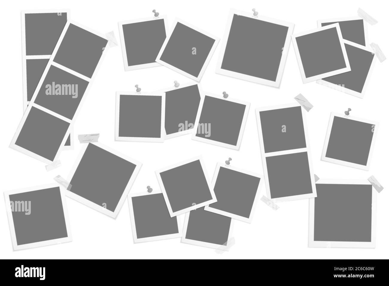 Big set of retro square photo frames on sticky tape, pins and rivets. Soft white color vector illustration of photo design Stock Vector