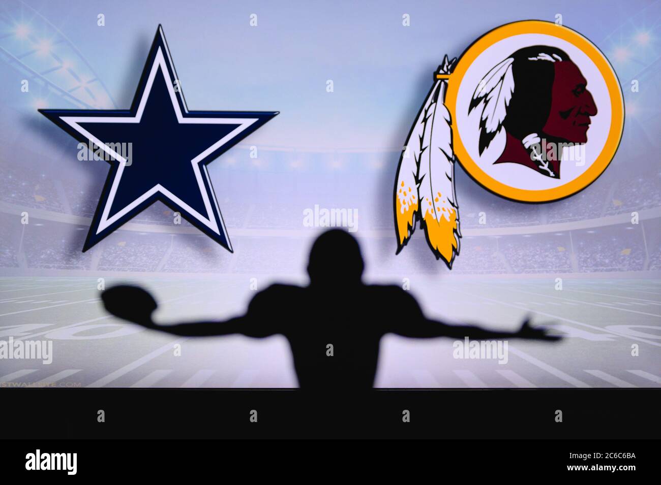 Dallas Cowboys vs. Washington Redskins. NFL Game. American Football League  match. Silhouette of professional player celebrate touch down. Screen in ba  Stock Photo - Alamy