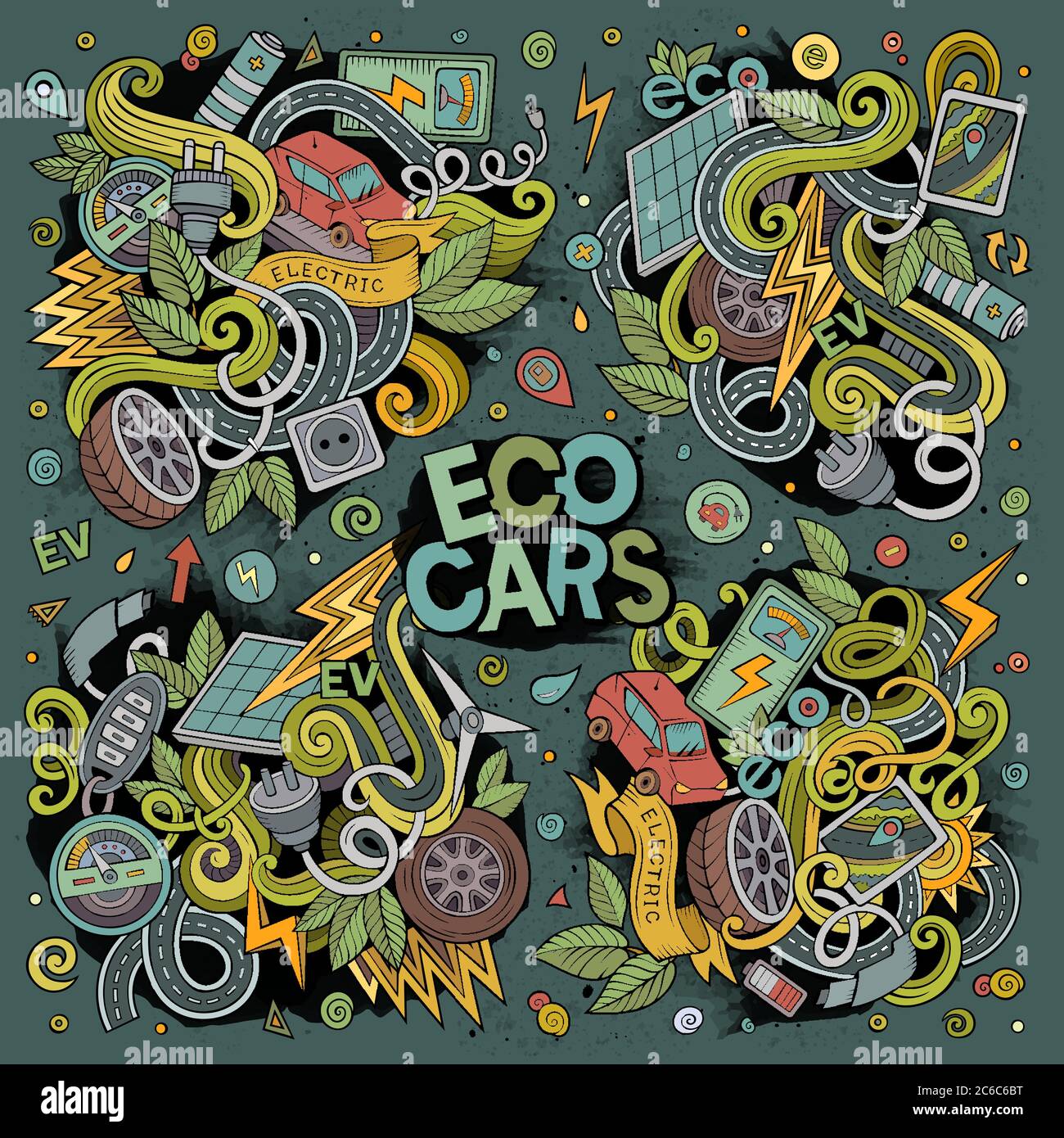 Colorful vector doodle cartoon set of Electric cars objects Stock ...