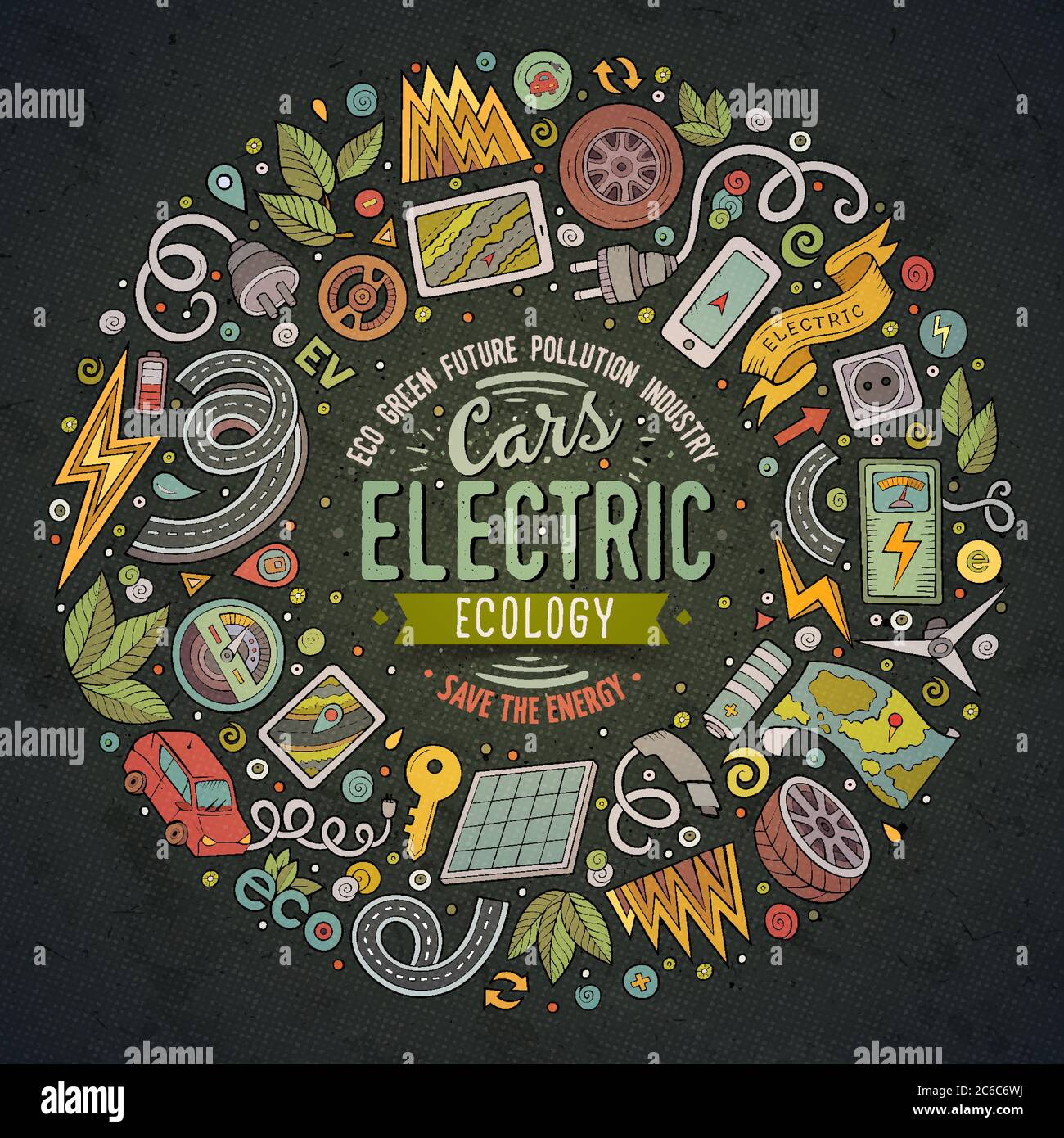 Vector hand drawn set of Electric cars cartoon doodle objects Stock ...