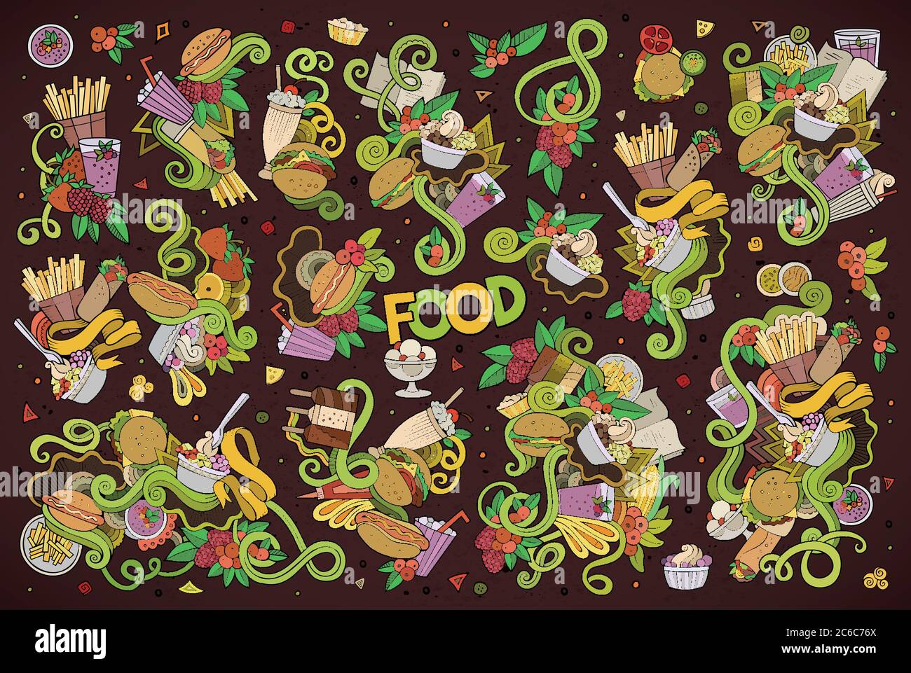 Colorful vector hand drawn doodles cartoon set of food objects Stock ...