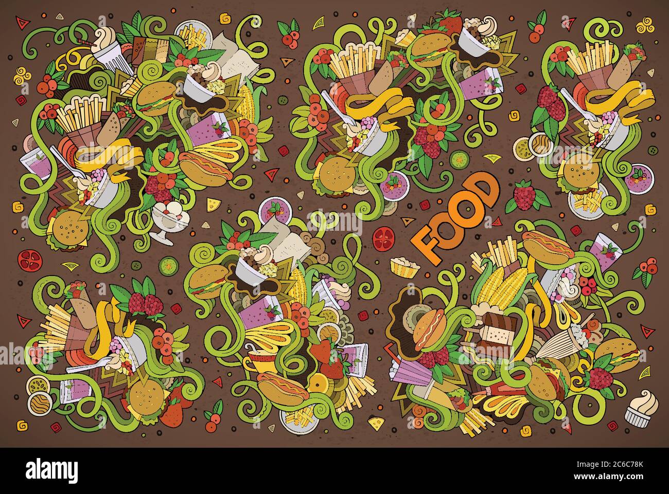 Colorful vector hand drawn doodles cartoon set of food objects Stock ...