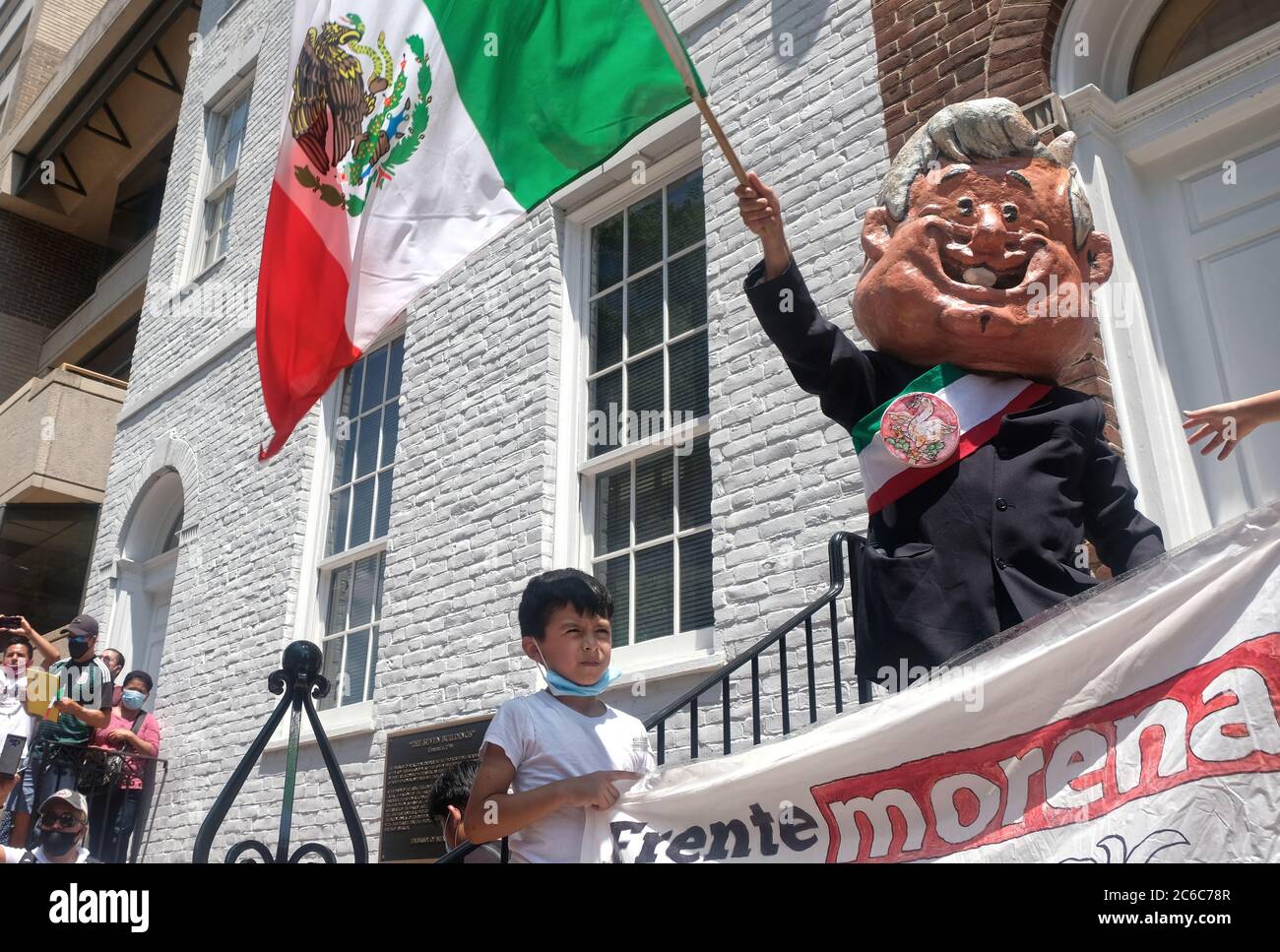 Protestors outside the Embassy of Mexico in Washington, D.C. protesting President Andrés Manuel López Obrador visit to the White House Stock Photo