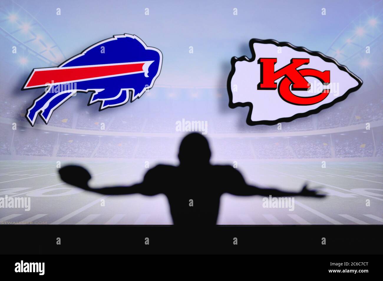 Buffalo Bills vs. Kansas City Chiefs. NFL Game. American Football League  match. Silhouette of professional player celebrate touch down. Screen in  back Stock Photo - Alamy