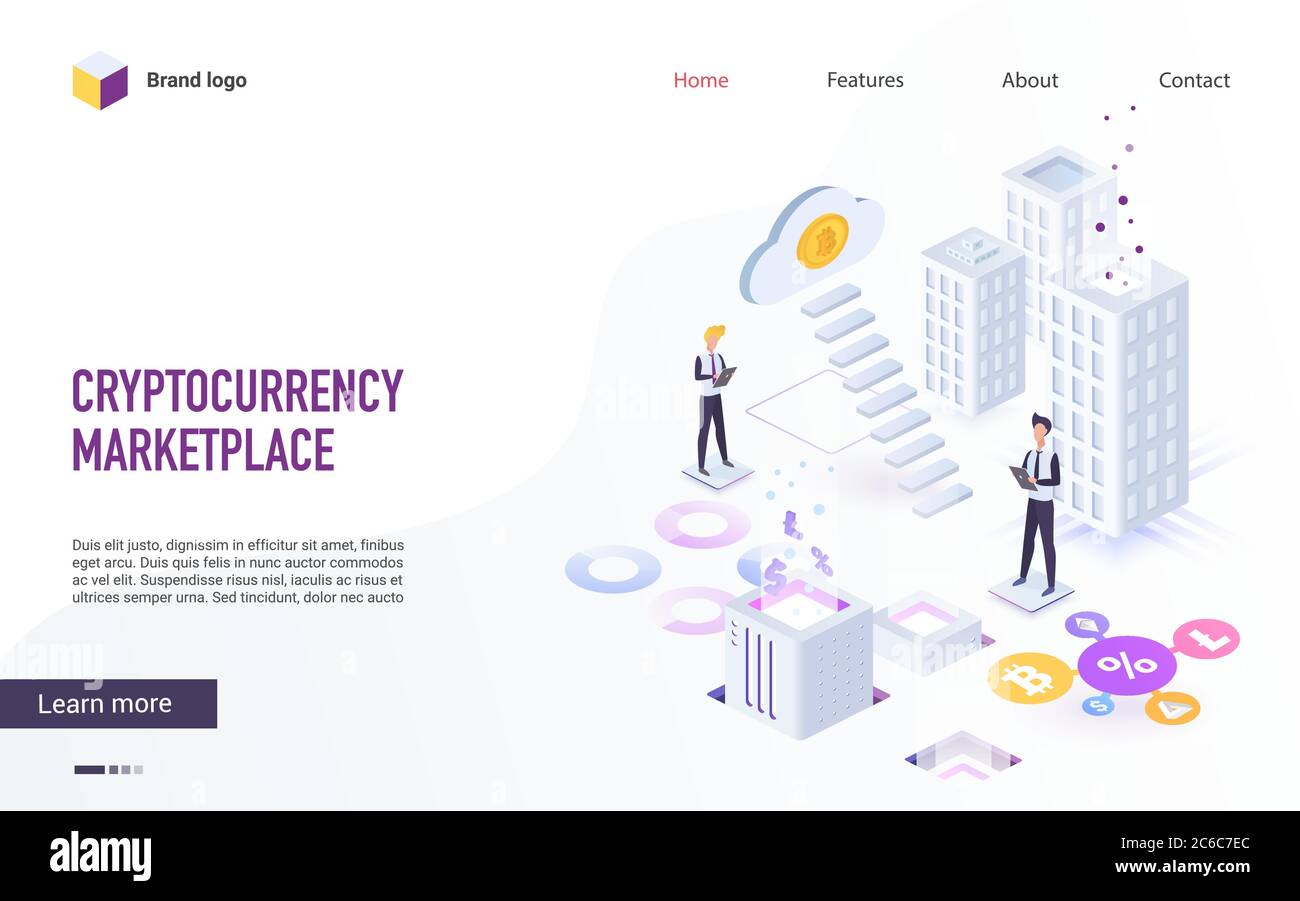 Cloud mining and blockchain service website design layout. Crypto currency investments, market, banking. Cryptocurrency marketplace isometric landing page vector template. Stock Vector