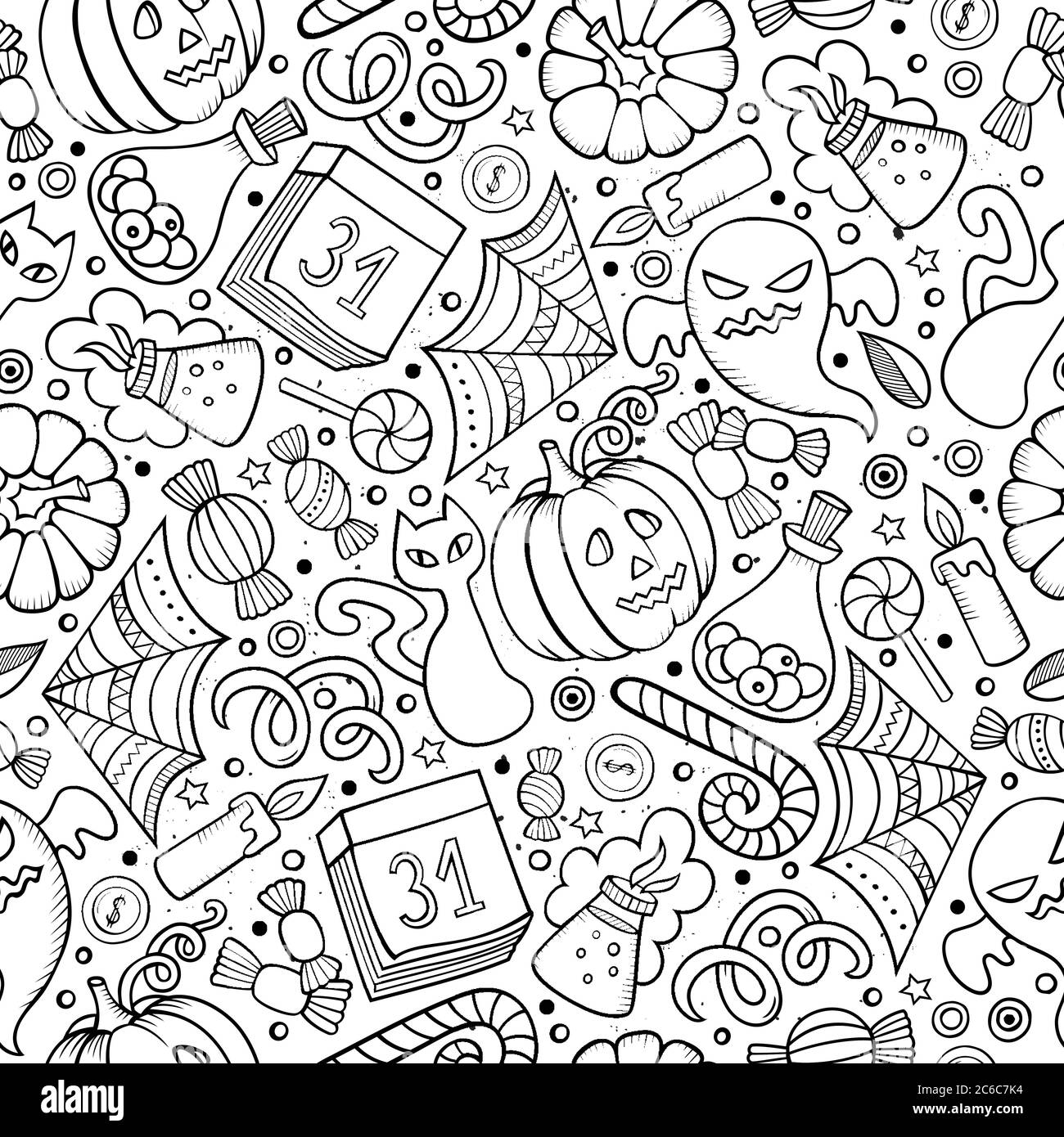 Cartoon cute hand drawn Halloween seamless pattern Stock Vector Image ...