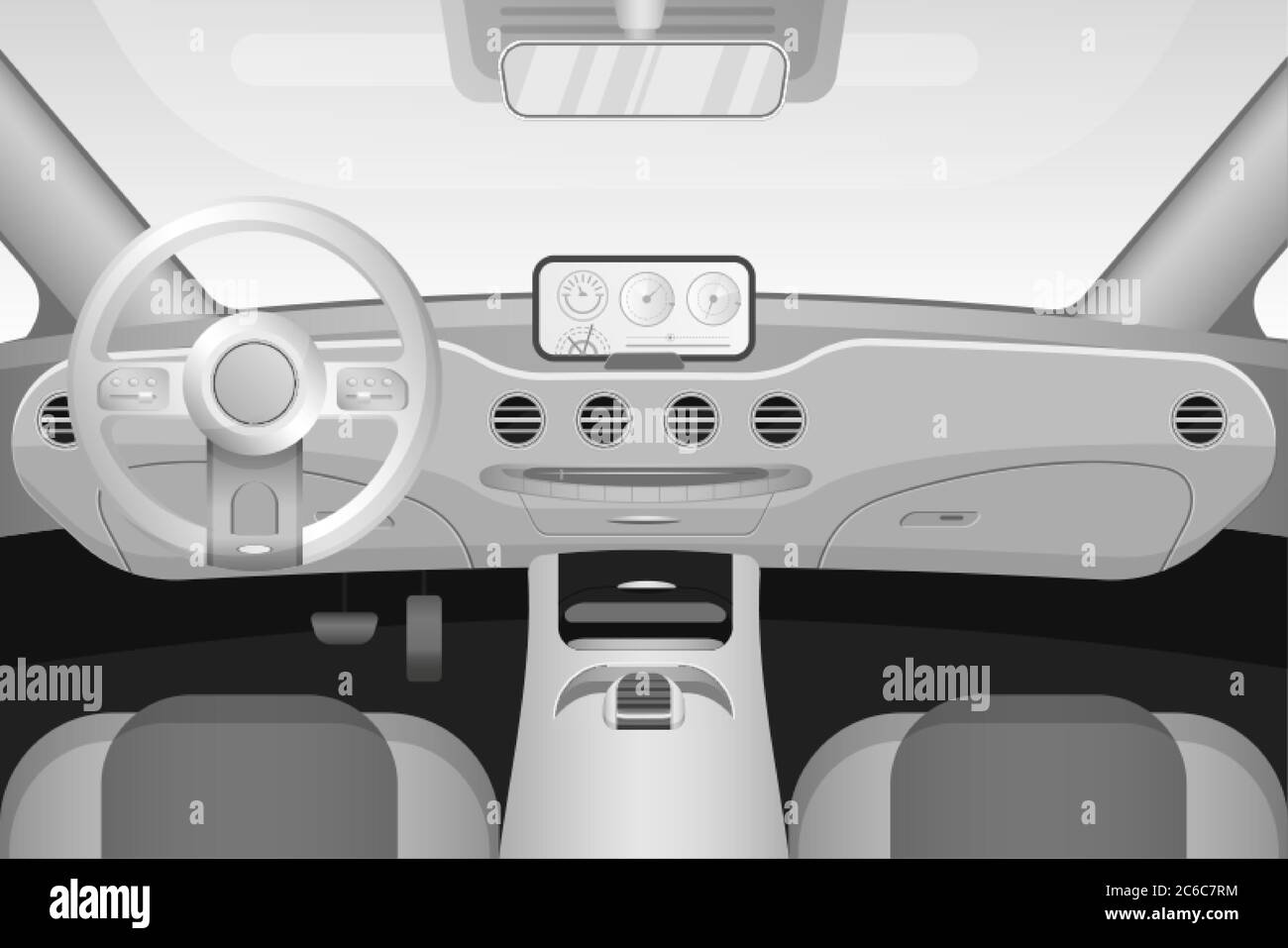 Realistic black and white car interior with dashboard windshield vector illustration Stock Vector