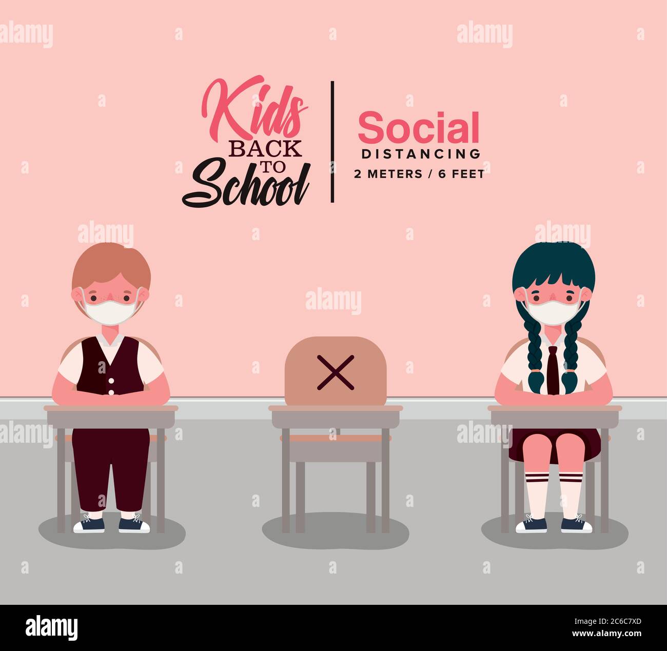Girl and boy kid with uniform and medical mask at desk design, Back to school and social distancing theme Vector illustration Stock Vector