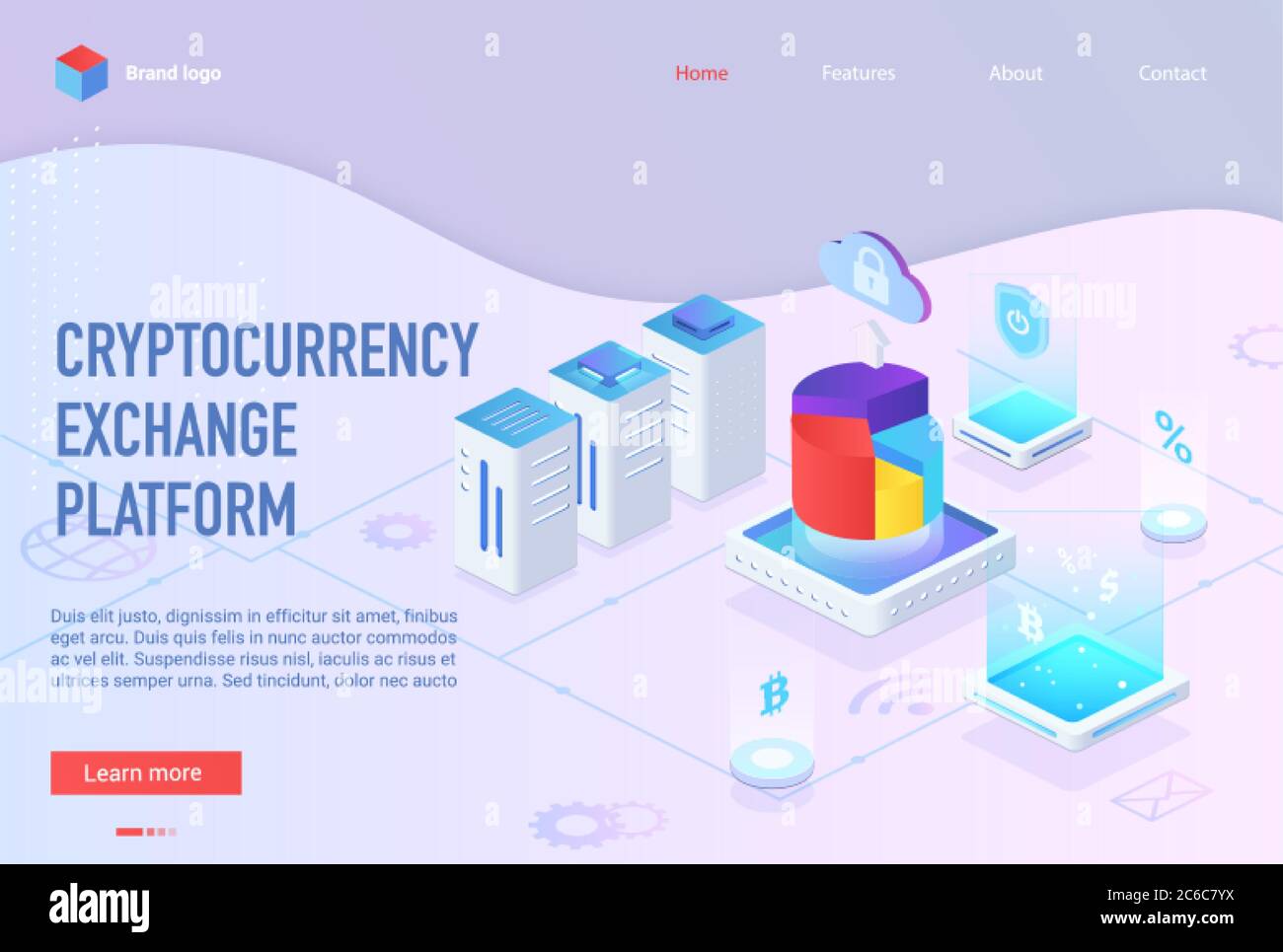 Isometric cryptocurrency exchange light purple web landing page. Blockchain business, crypto market concept vector illustration for website, banner, poster. Online digital currency financial platform Stock Vector