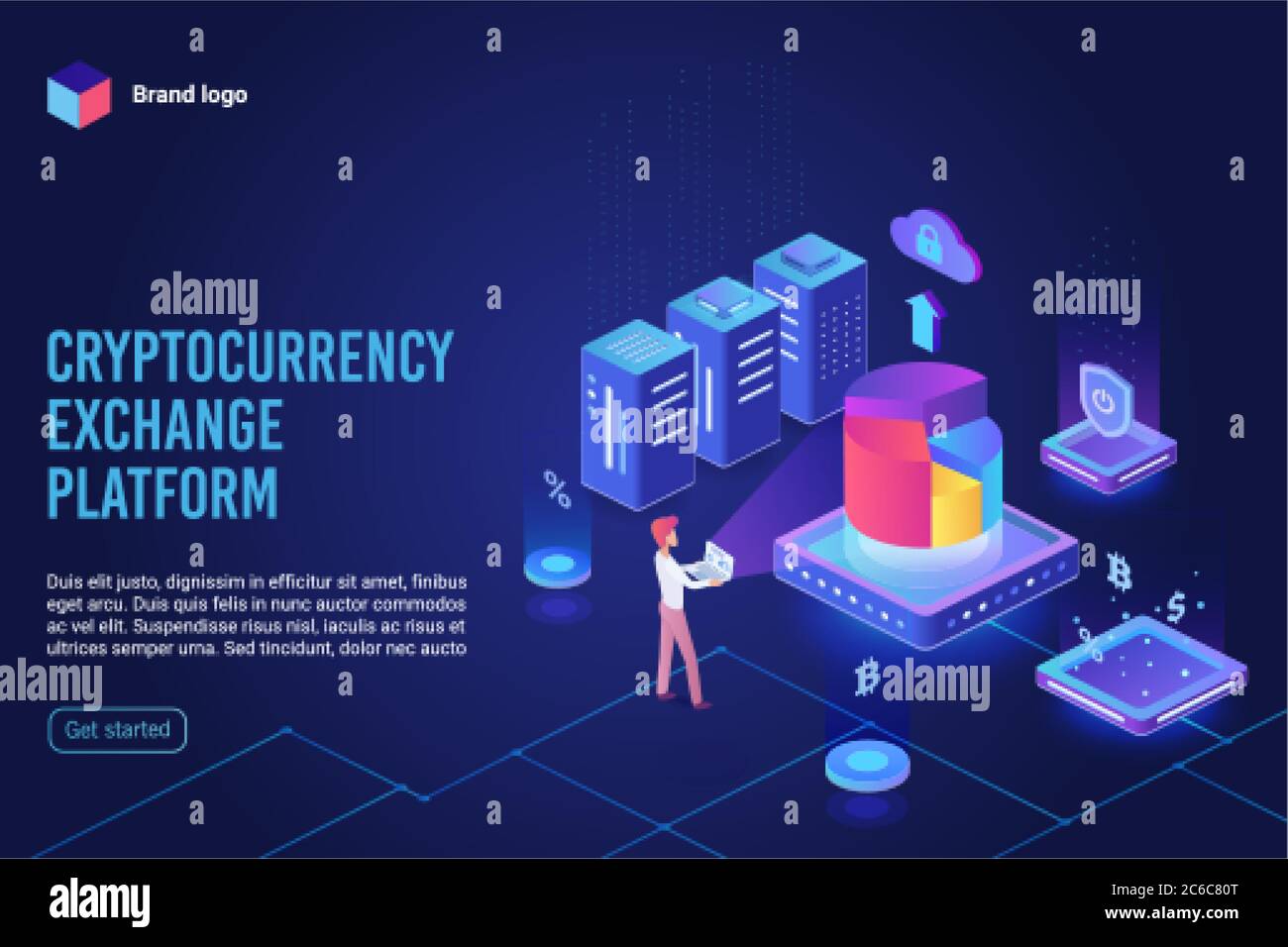 Isometric cryptocurrency exchange platform ultraviolet landing page. Crypto mining, blockchain business concept vector illustration for banner, poster, website. Internet, computer digital currency pay Stock Vector
