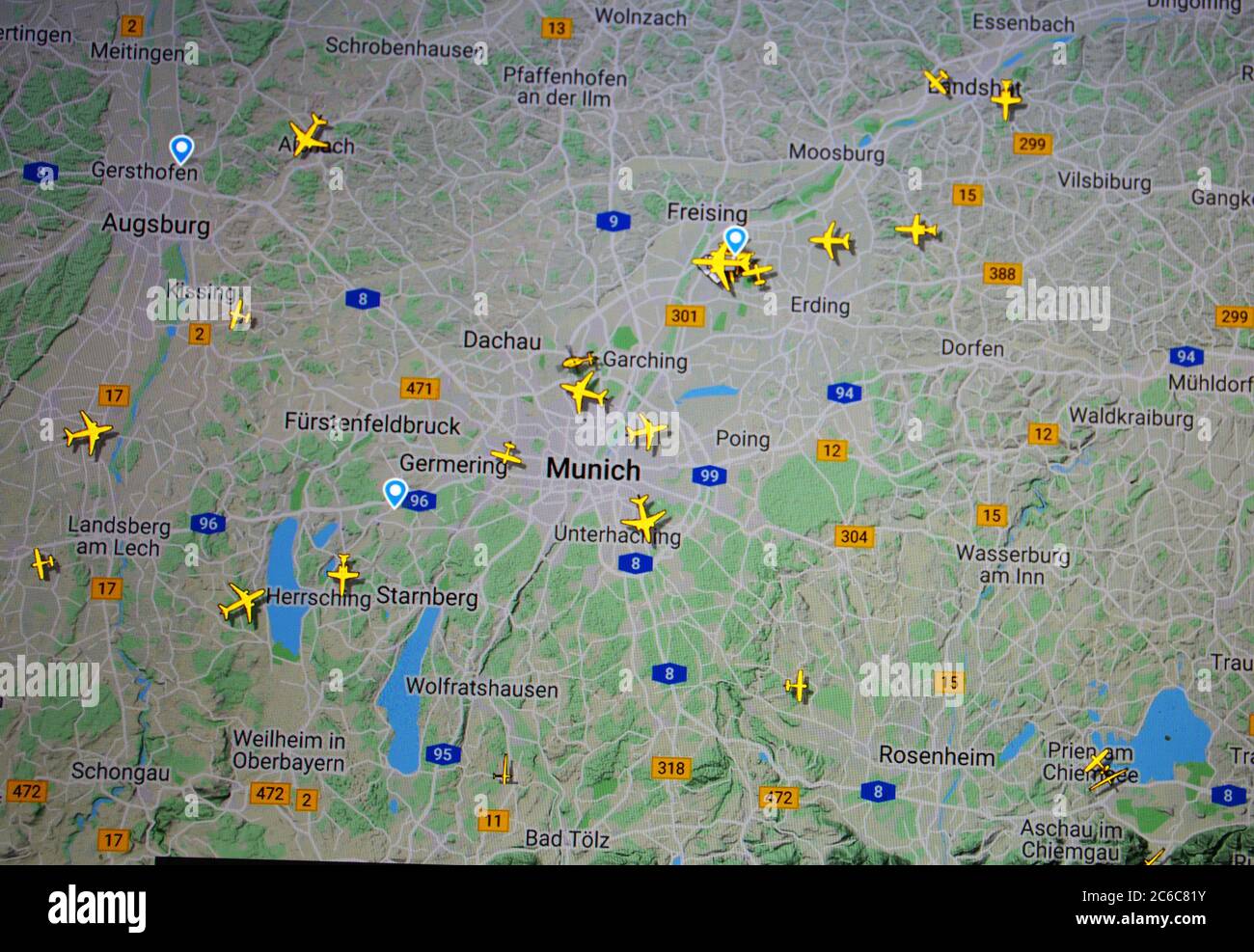 air traffic over Munich and Bavaria region (08 july 2020, UTC 14.10) on internet site of Flightradar 24 by Svenska Resenätverket AB Stock Photo