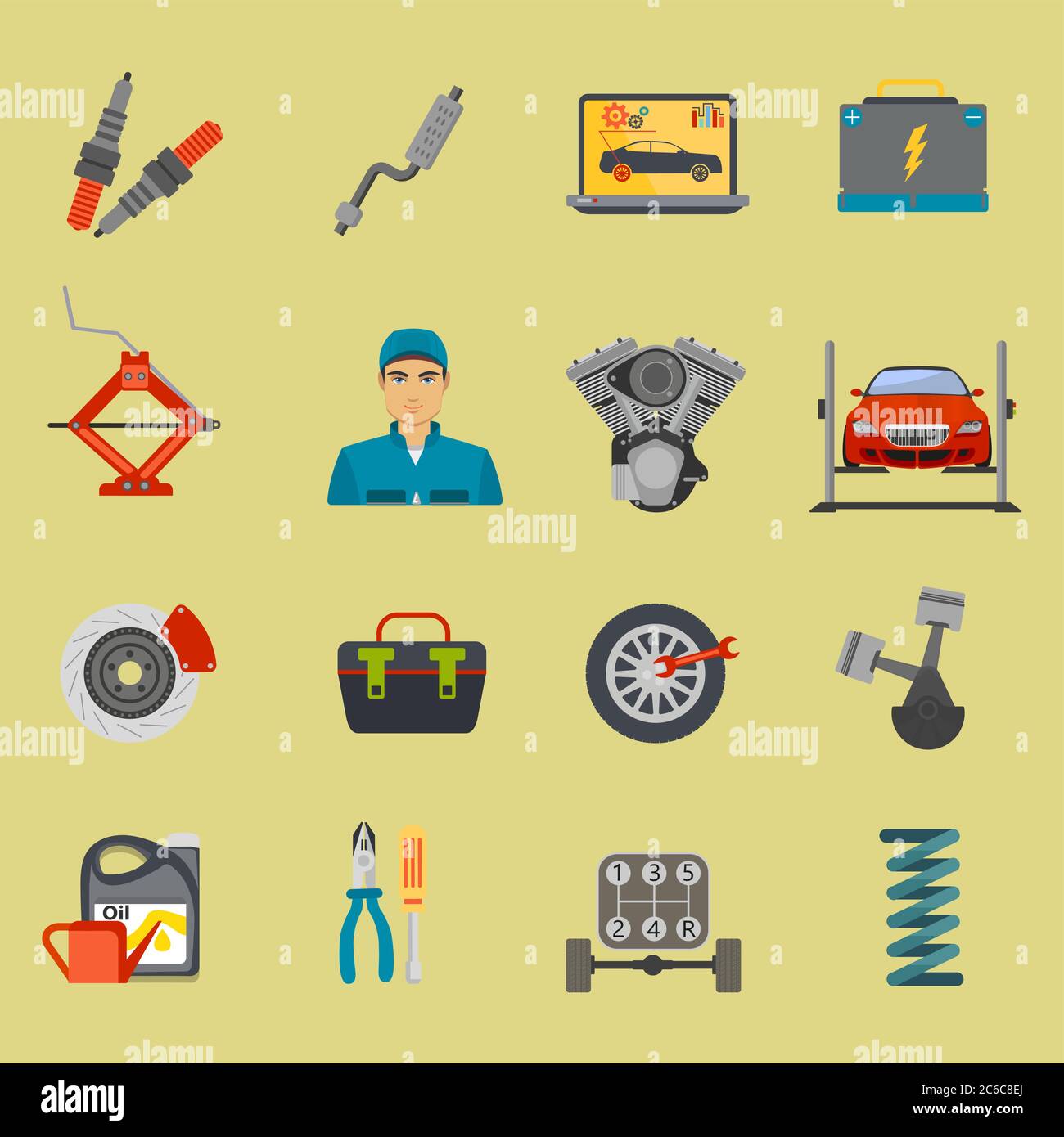 Auto mechanic car service flat icon set isolated Stock Vector