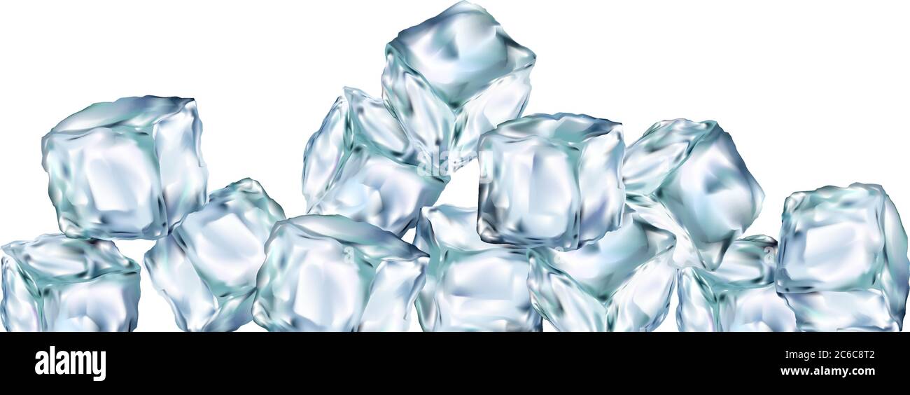 Ice cubes transparent vector 3d illustration realistic set. Water ...