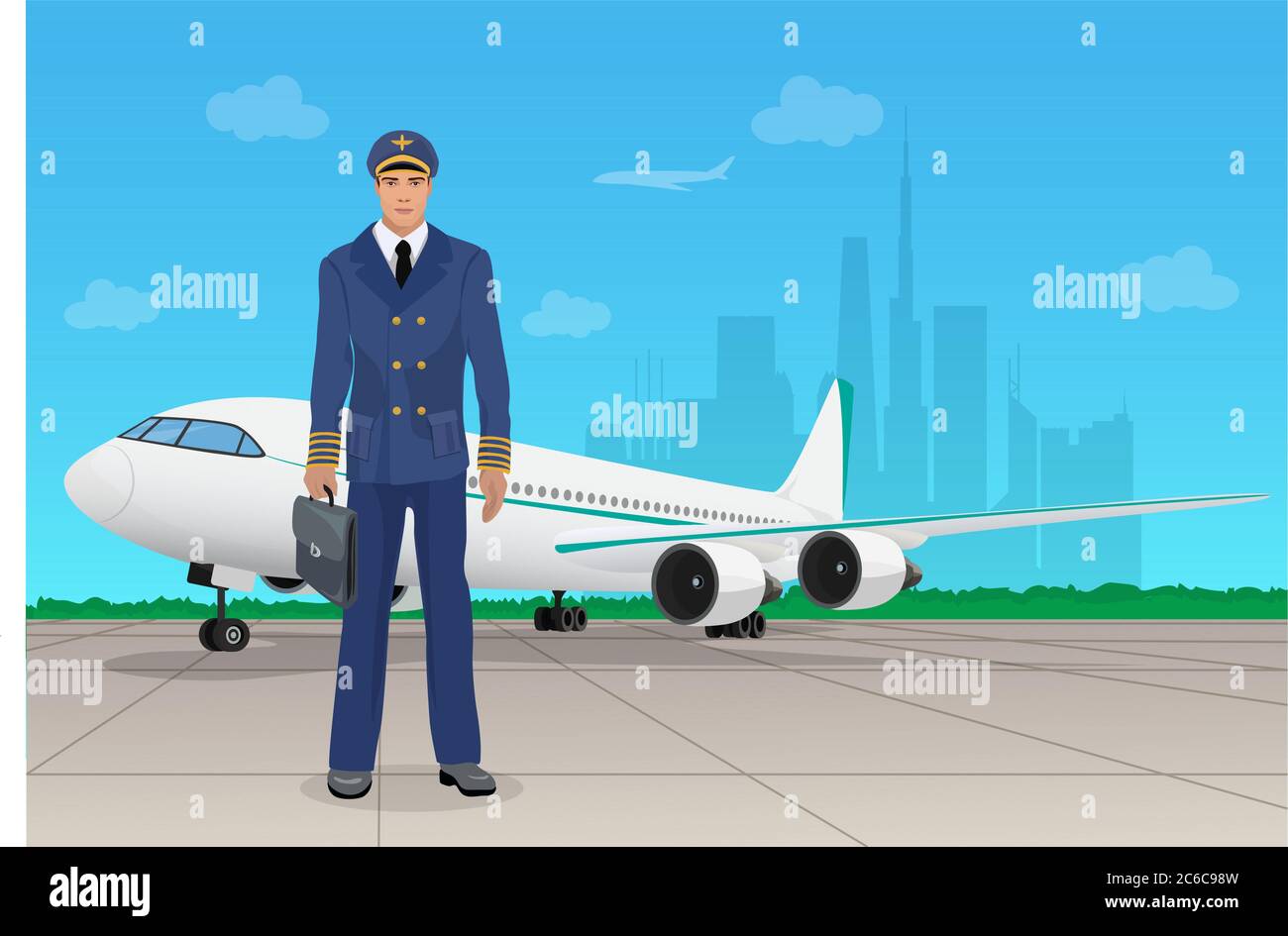 Pilot in uniform near airplane in airport. Vector illustration Stock Vector