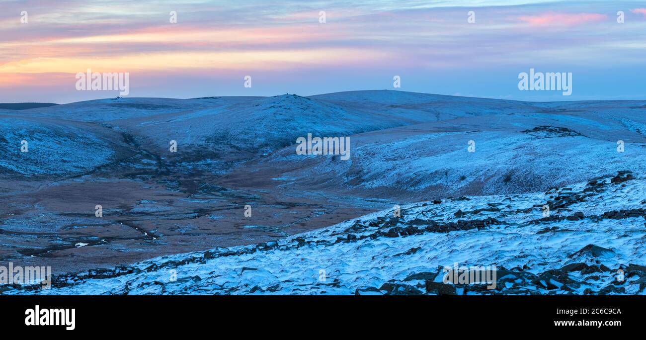 Steeperton Tor in winter from Higher Tor on Belstone Stock Photo