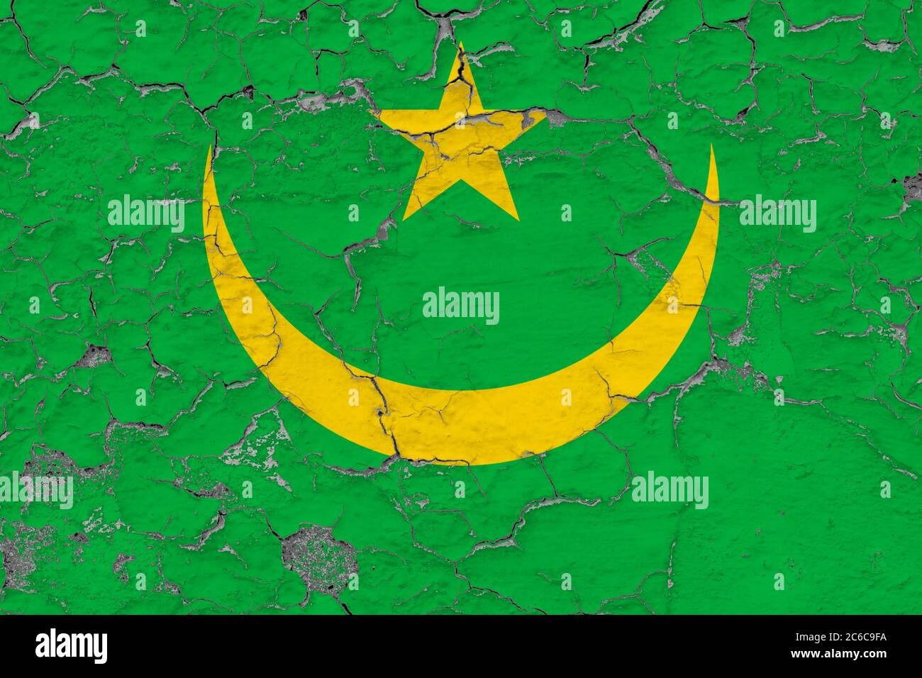 Mauritania flag close up grungy, damaged and weathered on wall peeling ...