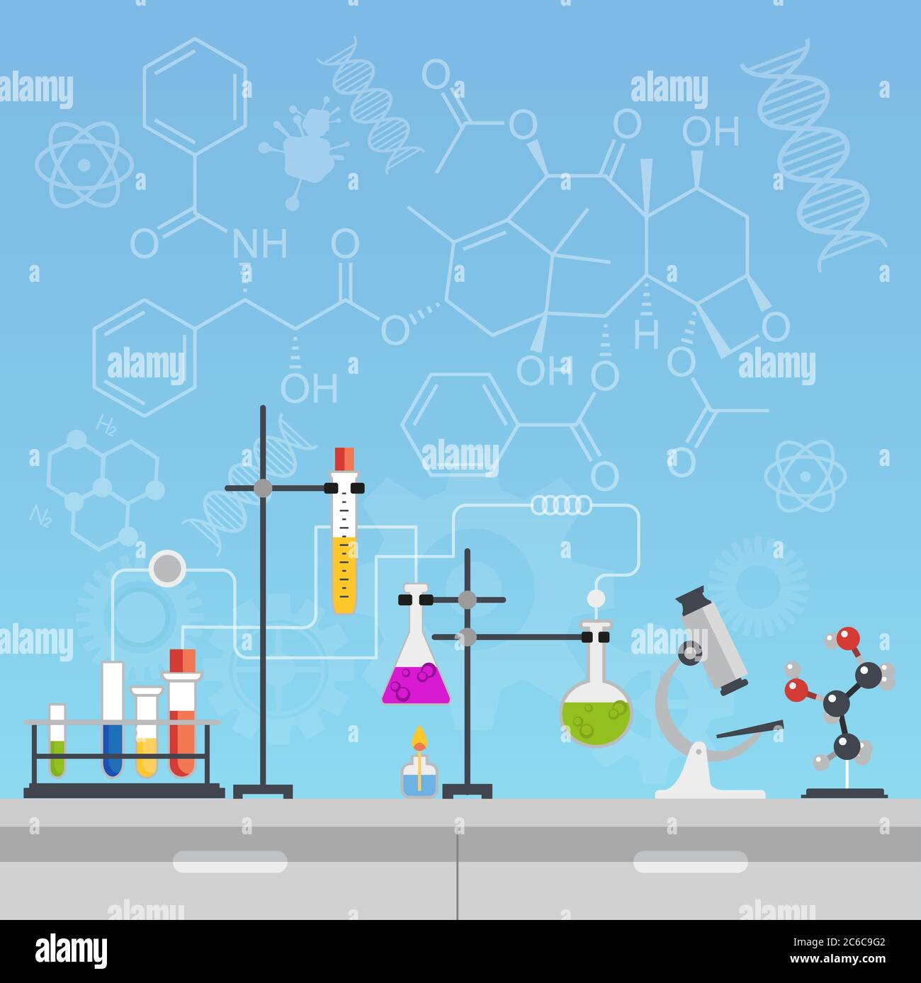 Chemical laboratory science and technology flat style design vector illustration. Scientists workplace concept Stock Vector