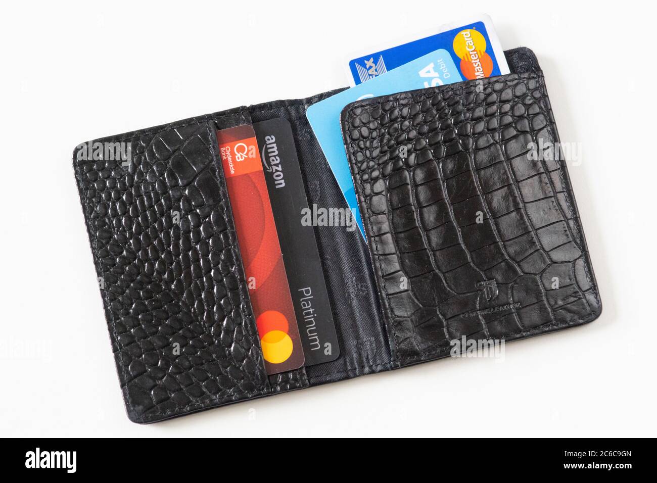 Open wallet or purse with cards, debit, credit, bank - concept for cashless, no cash, no physical money, move towards cashless society, contactless Stock Photo