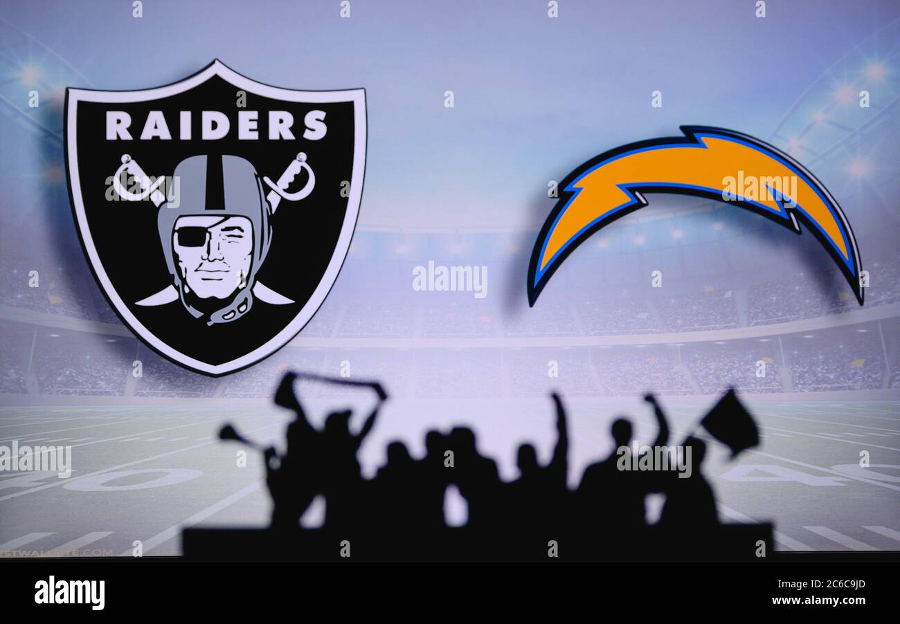 Los Angeles Chargers vs. Las Vegas Raiders. NFL match poster. Two american  football players silhouette facing each other on the field. Clubs logo in b  Stock Photo - Alamy