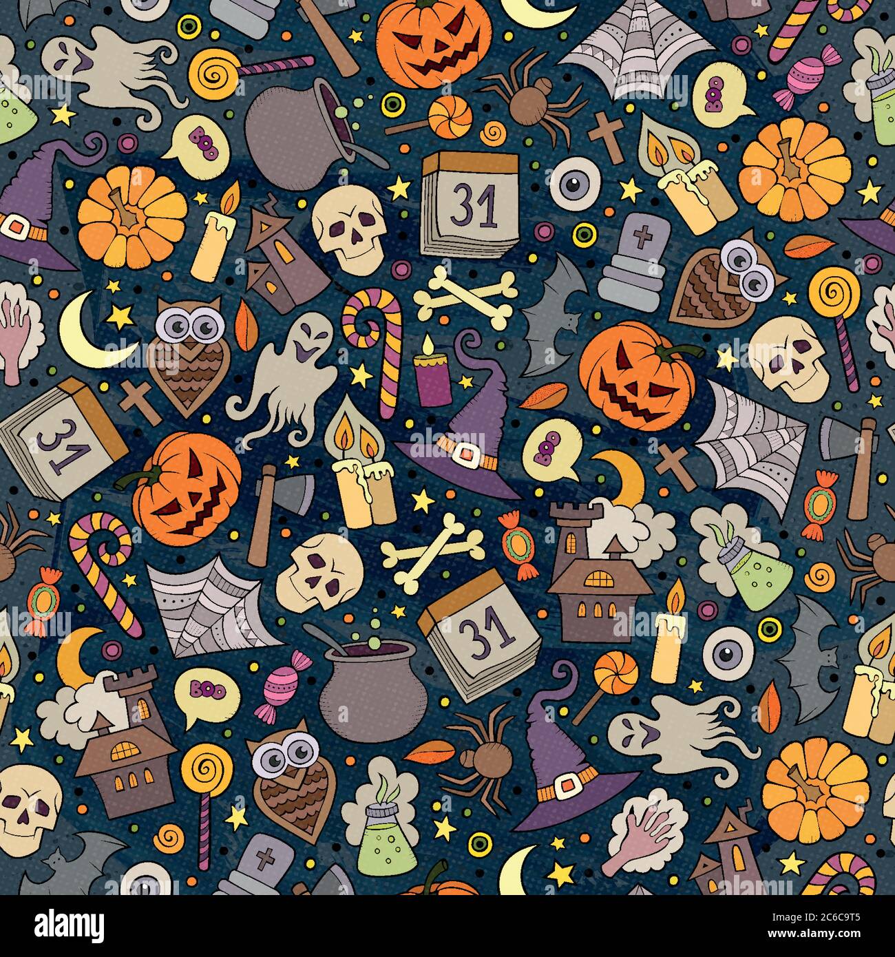 Cartoon cute hand drawn Halloween seamless pattern Stock Vector Image ...