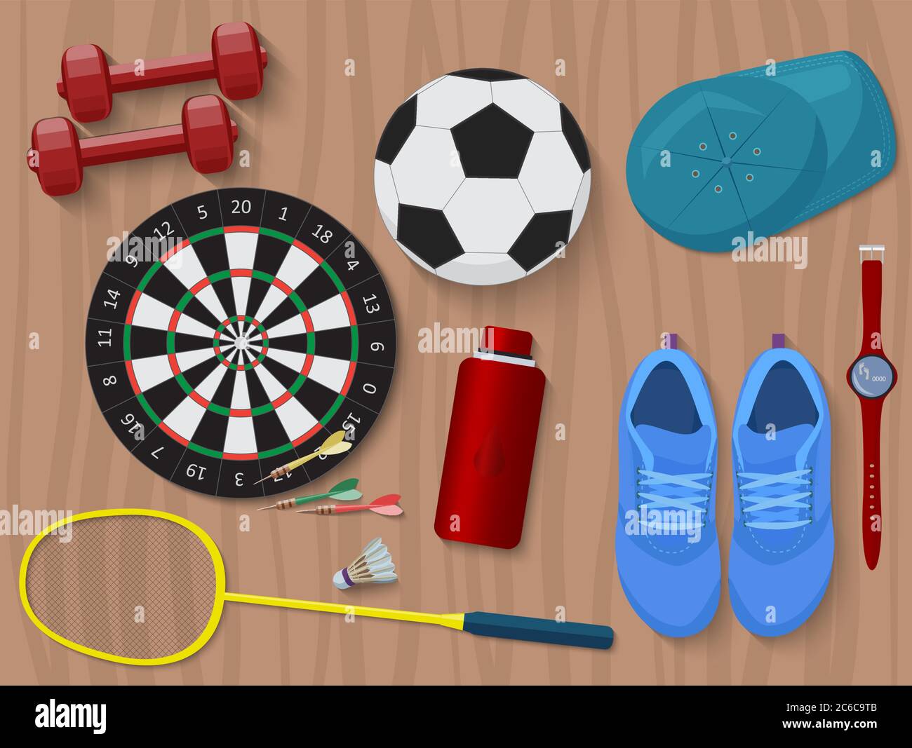 Sports equipment on wooden floor. Shoes and darts and water and dumbbells. Stock Vector