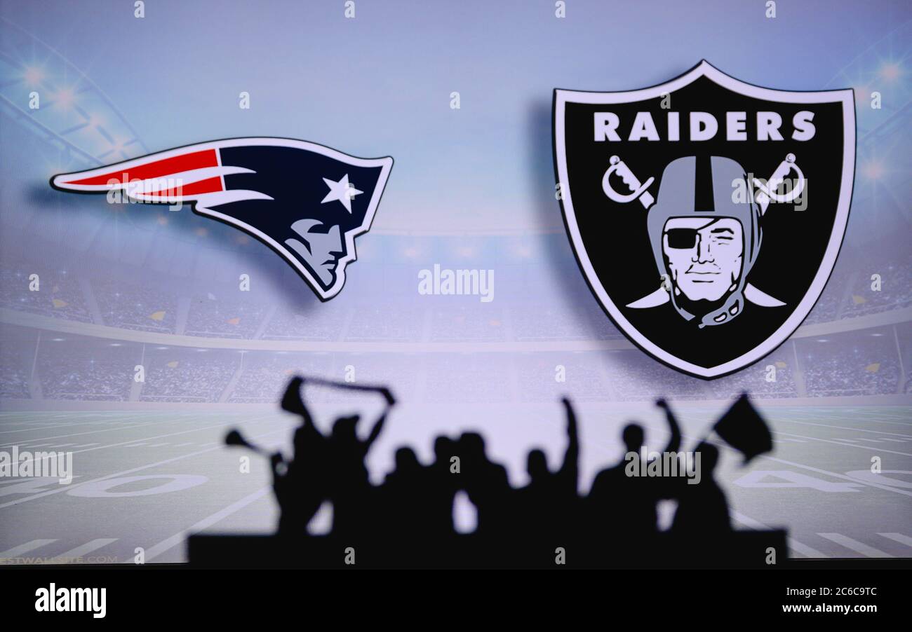 New England Patriots vs. Las Vegas Raiders. Fans support on NFL Game.  Silhouette of supporters, big screen with two rivals in background Stock  Photo - Alamy
