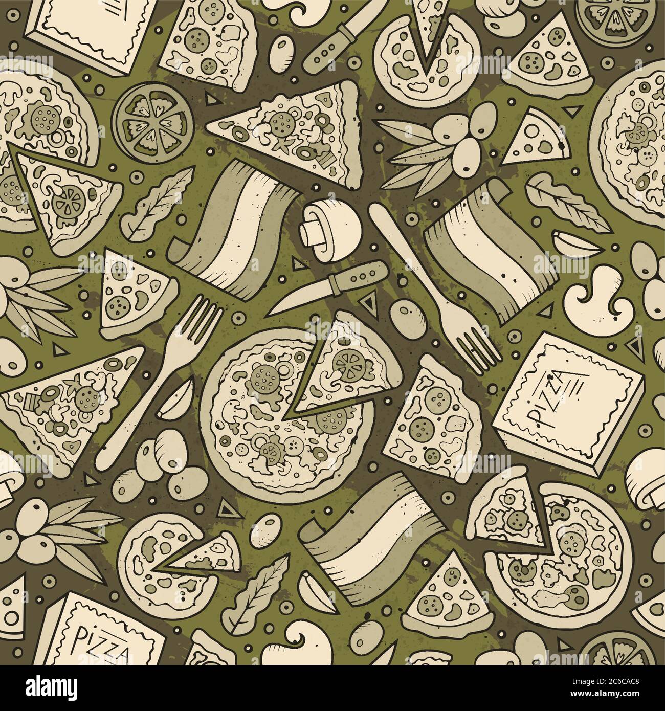 Doodle pizza pattern. Seamless print of national Italian food