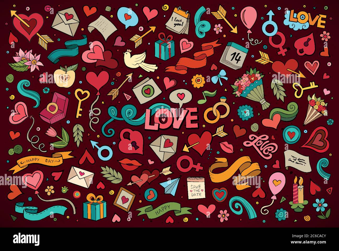 Colorful vector hand drawn doodles cartoon set of Love Stock Vector ...