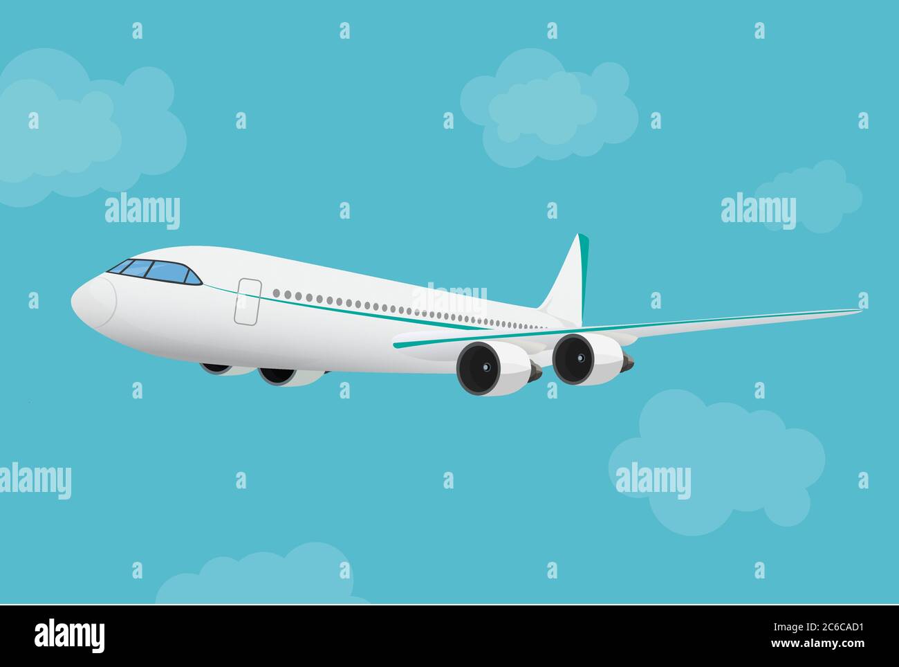 Airplane flying in the blue sky background. Stock Vector
