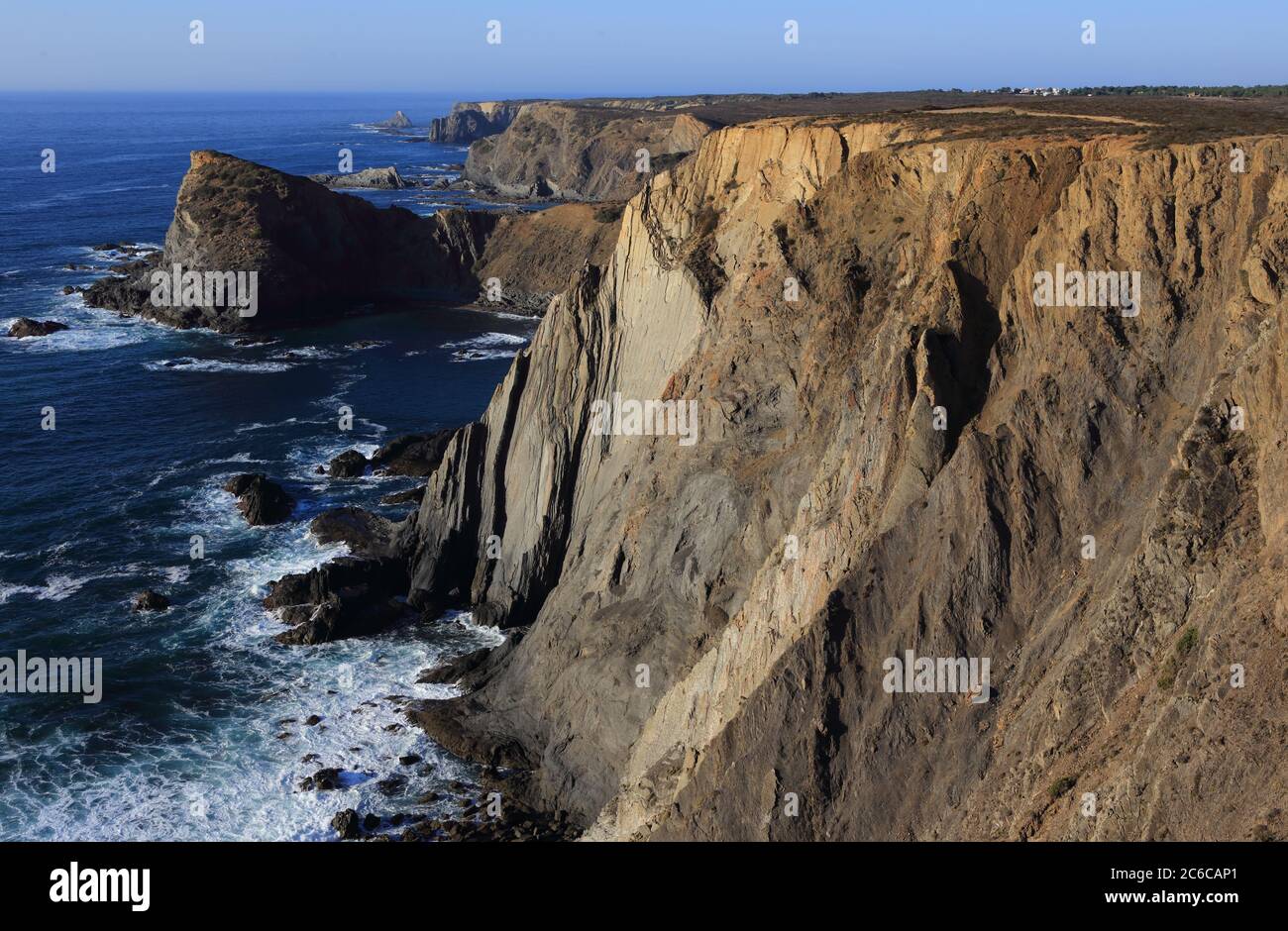 Portugal, Algarve Region, Aljezur, Arrifana. South-West Alentejo and Vicentine Coast Natural Park cliff top view of the rugged coastline. Stock Photo