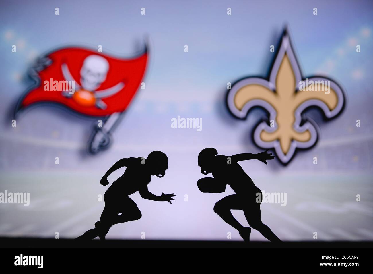 Tampa Bay Buccaneers vs. New Orleans Saints. NFL match poster. Two american  football players silhouette facing each other on the field. Clubs logo in  Stock Photo - Alamy