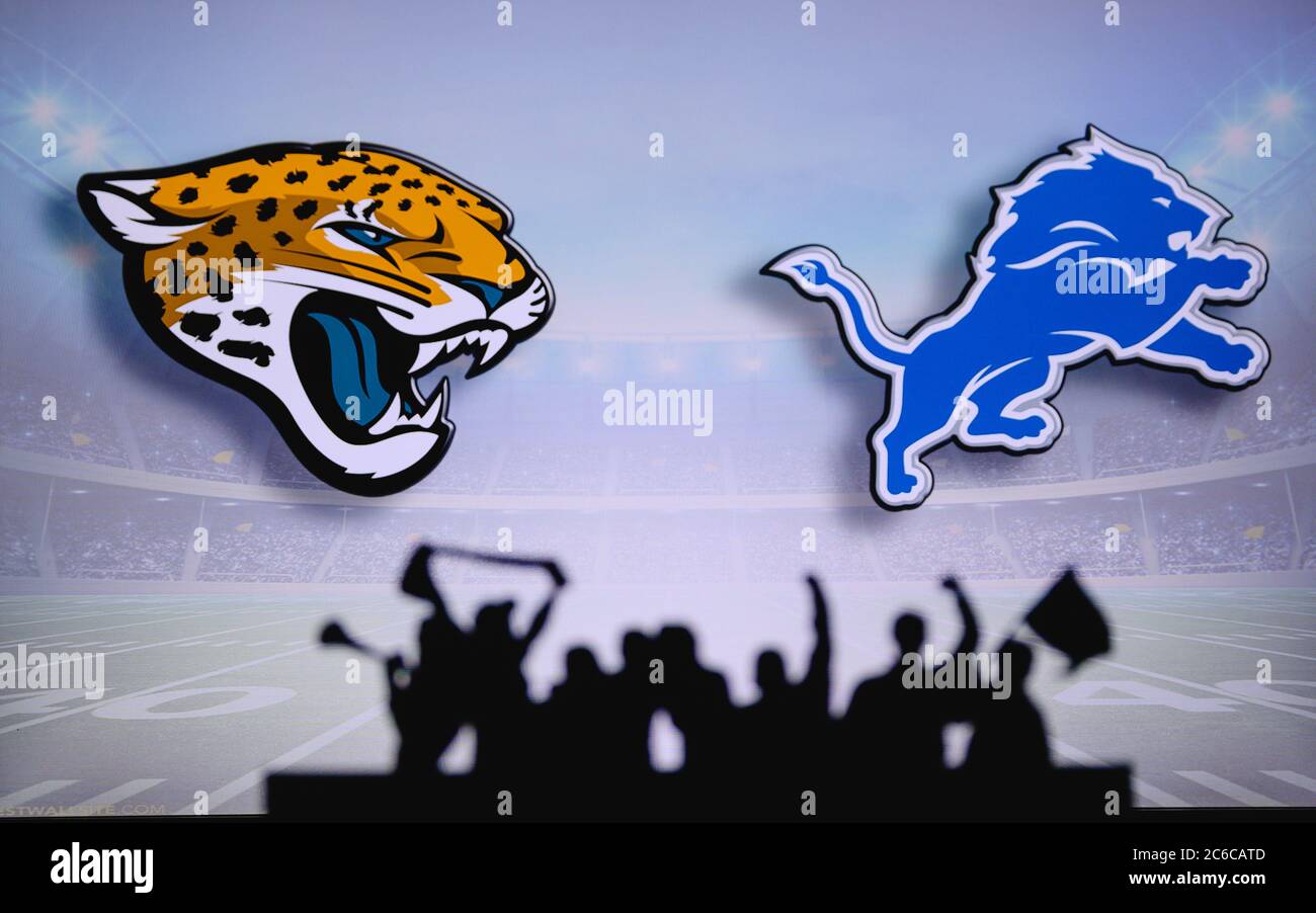 Jacksonville Jaguars vs. Detroit Lions. Fans support on NFL Game.  Silhouette of supporters, big screen with two rivals in background Stock  Photo - Alamy