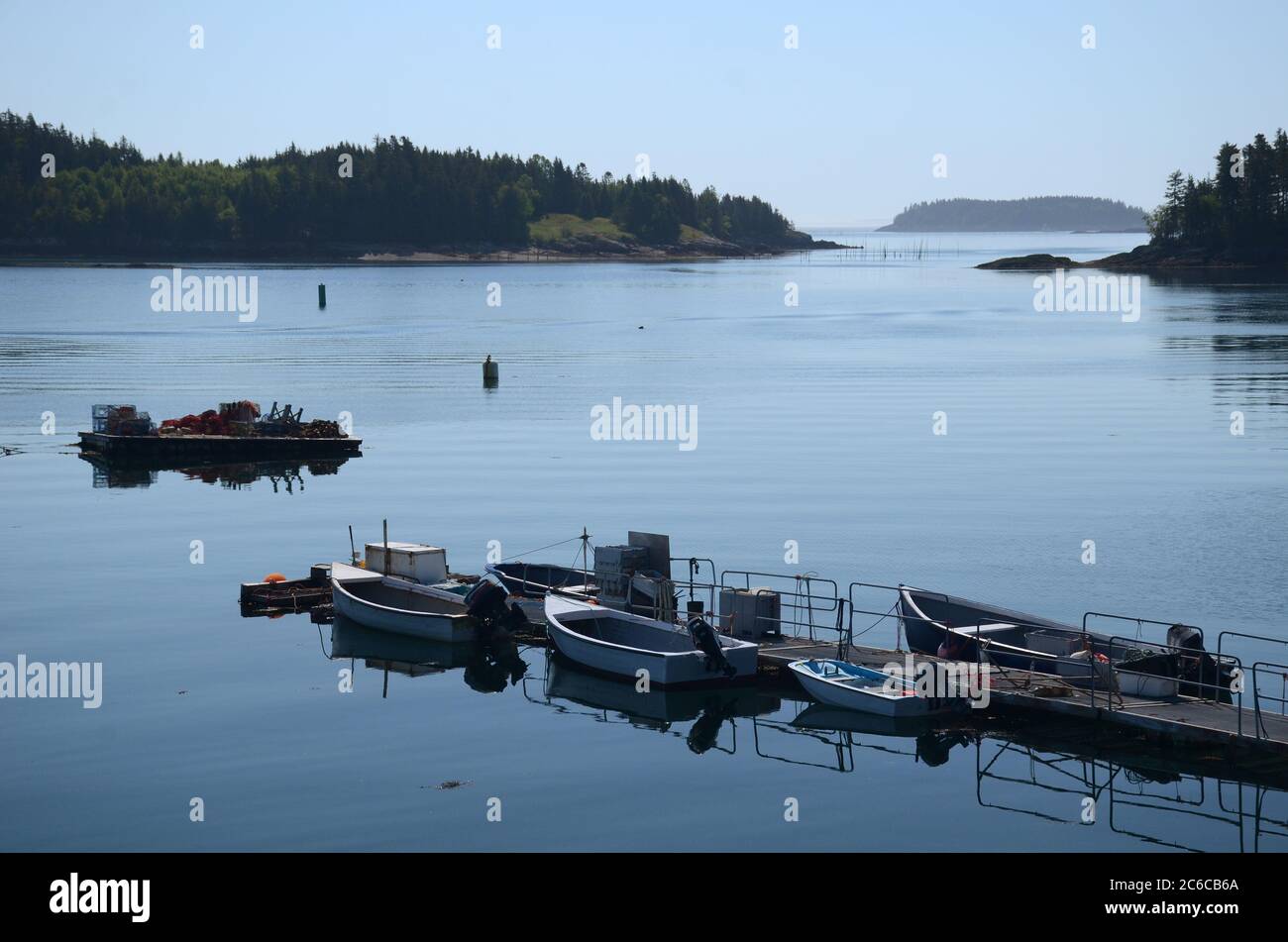 Boats moored on wharf, Deer Island, New Brunswick Stock Photo