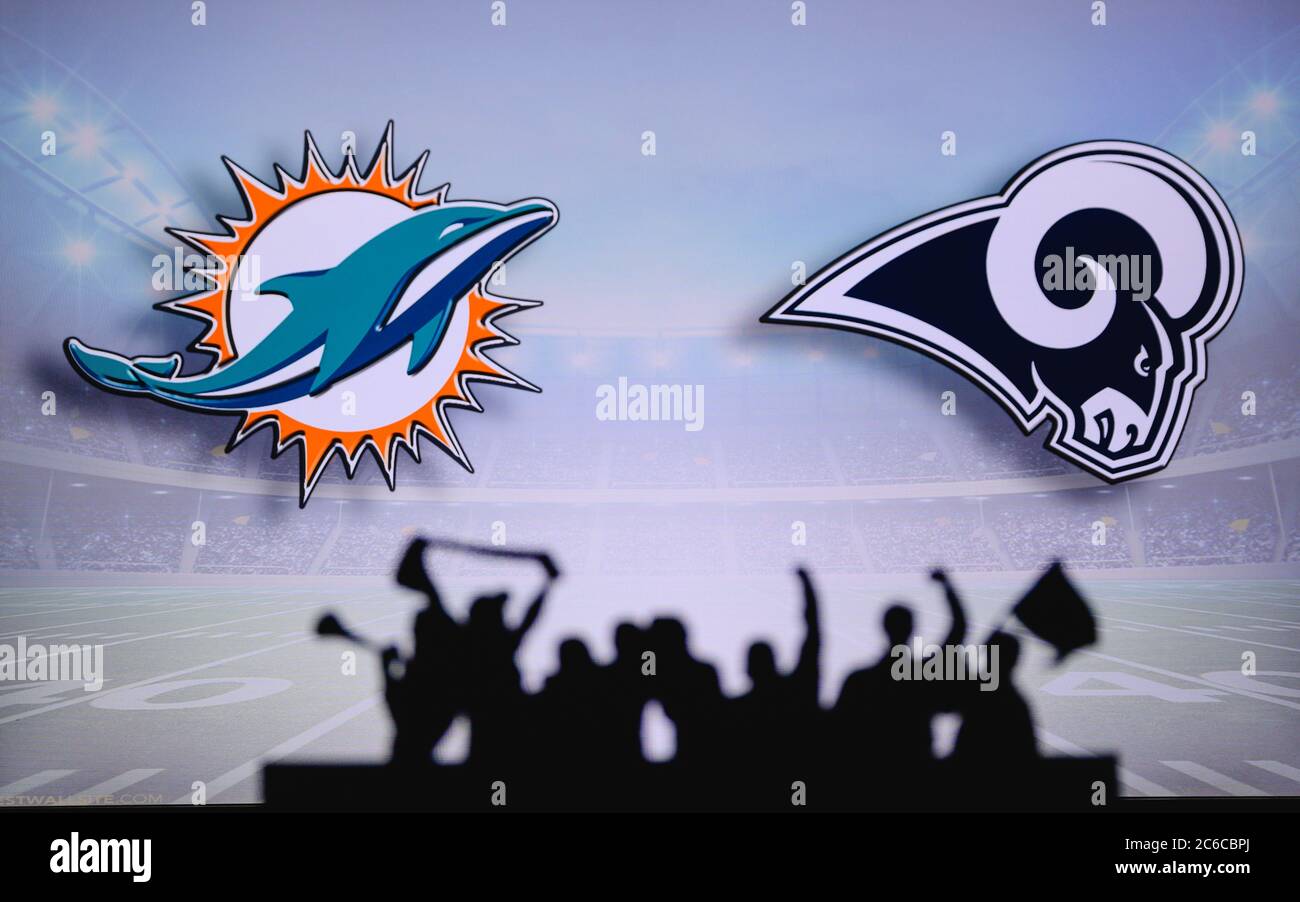 Miami Dolphins vs. Los Angeles Rams. Fans support on NFL Game. Silhouette  of supporters, big screen with two rivals in background Stock Photo - Alamy