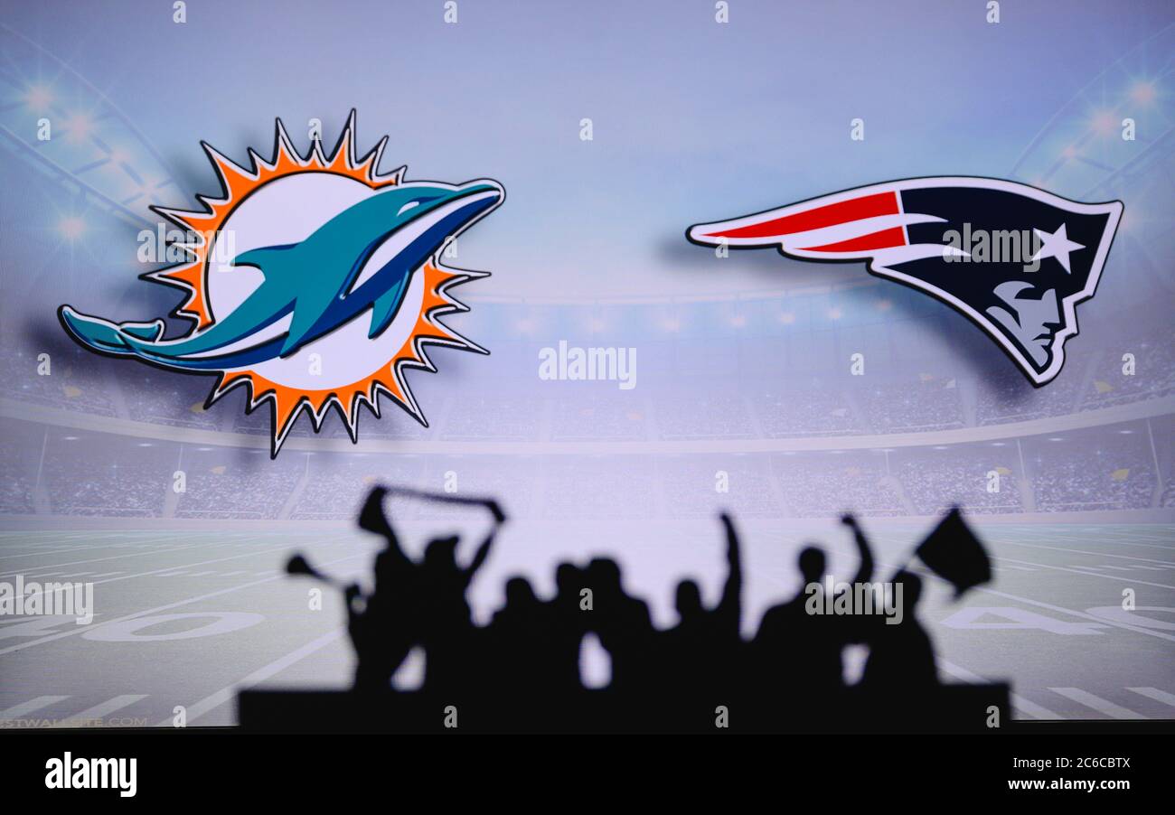 Miami Dolphins vs. New England Patriots. Fans support on NFL Game