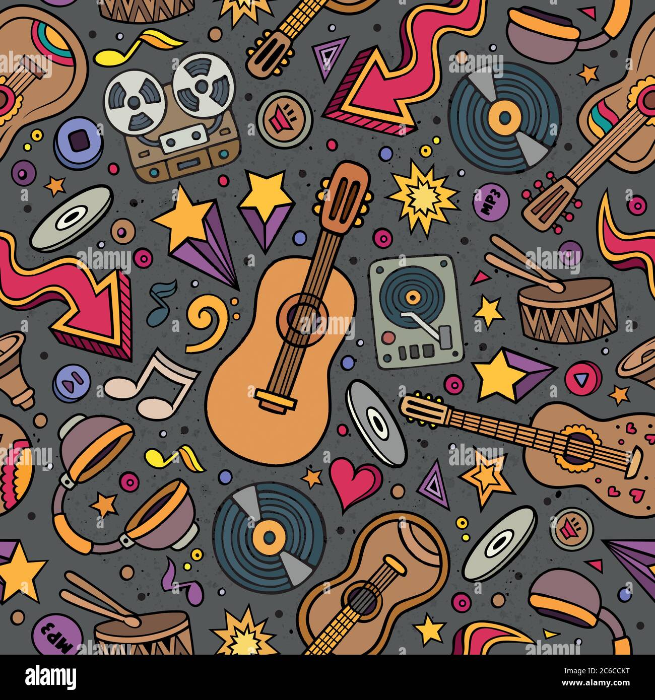 Cartoon hand-drawn musical instruments seamless pattern Stock Vector ...