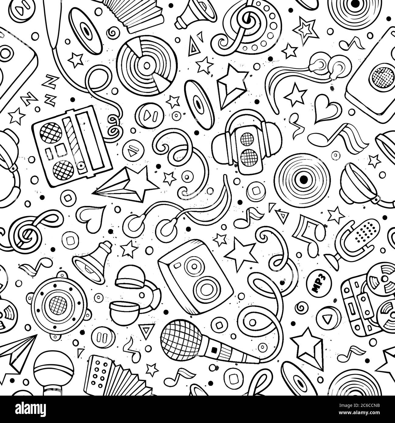 Cartoon hand-drawn musical instruments seamless pattern Stock Vector ...