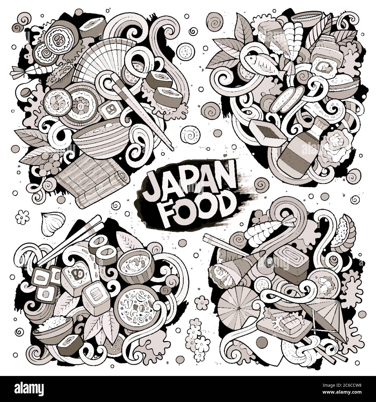 Vector hand drawn doodles cartoon set of Japan food combinations of ...