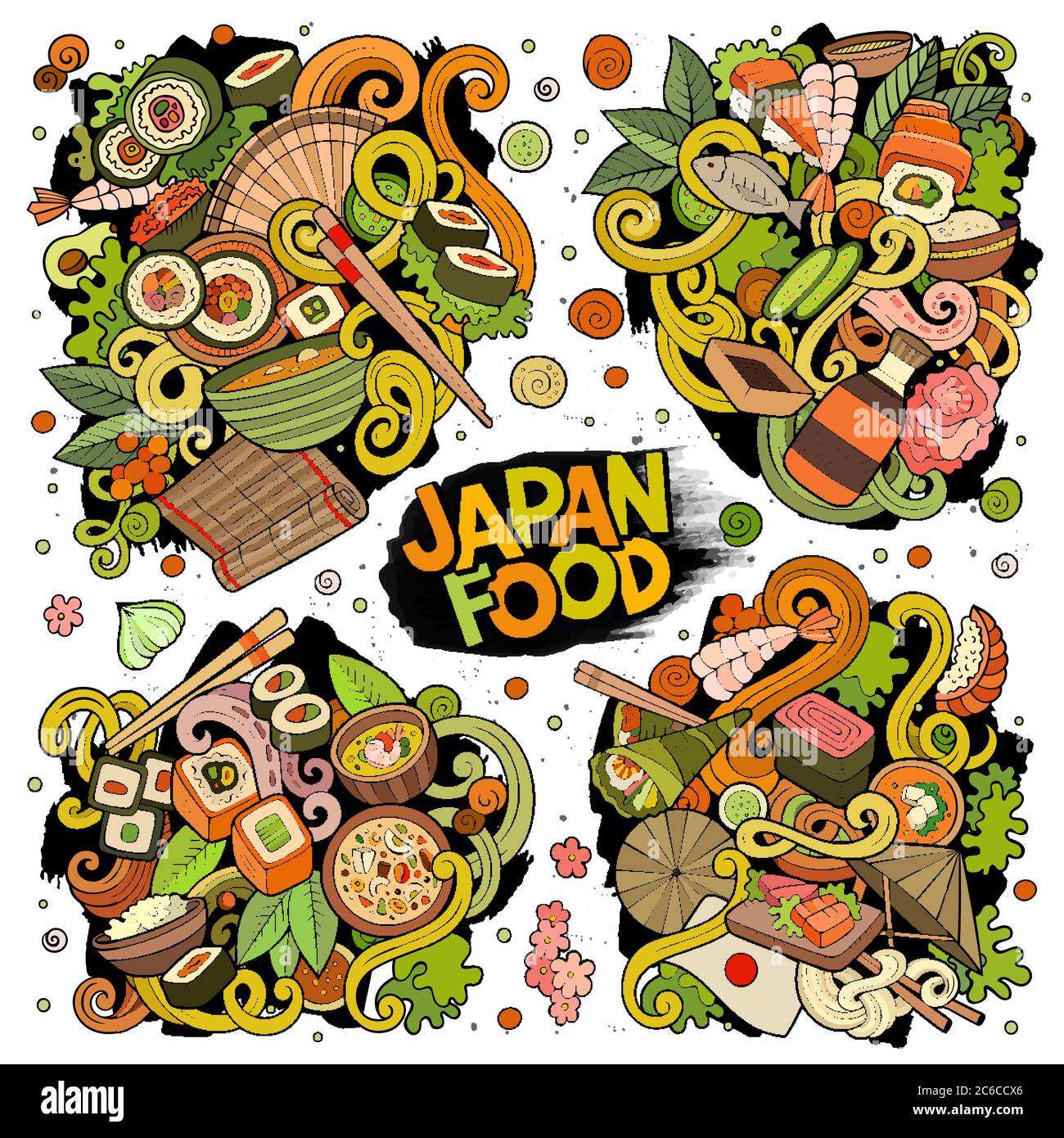 Vector hand drawn doodles cartoon set of Japan food combinations of ...