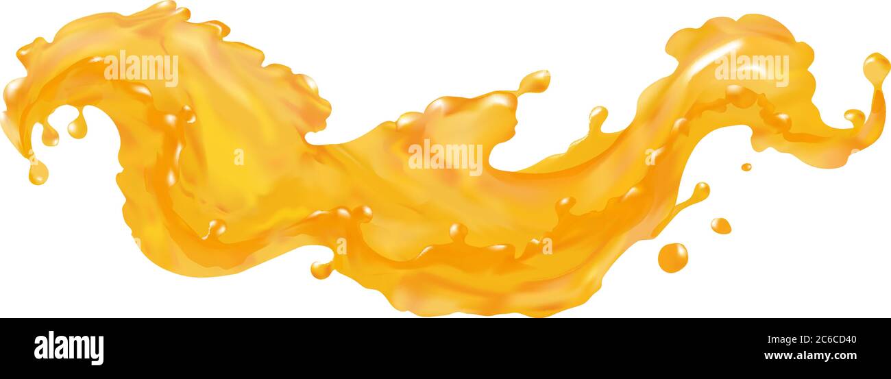 Orange juice splash wave in vector 3d realistic. Liquid fresh fruits drops. Elements for your design pictures isolated. Stock Vector