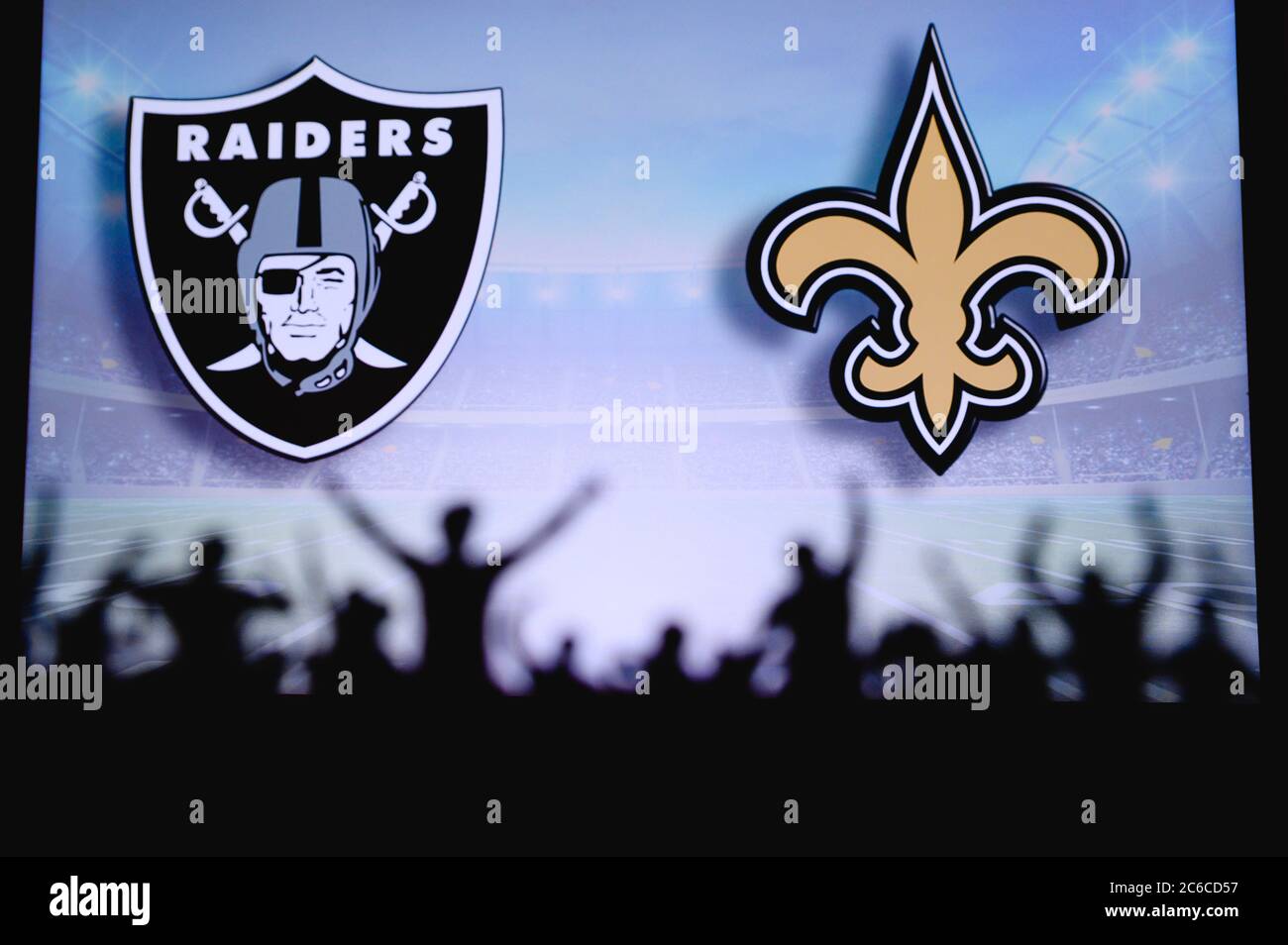 Las Vegas Raiders vs. New Orleans Saints. Fans support on NFL Game.  Silhouette of supporters, big screen with two rivals in background Stock  Photo - Alamy