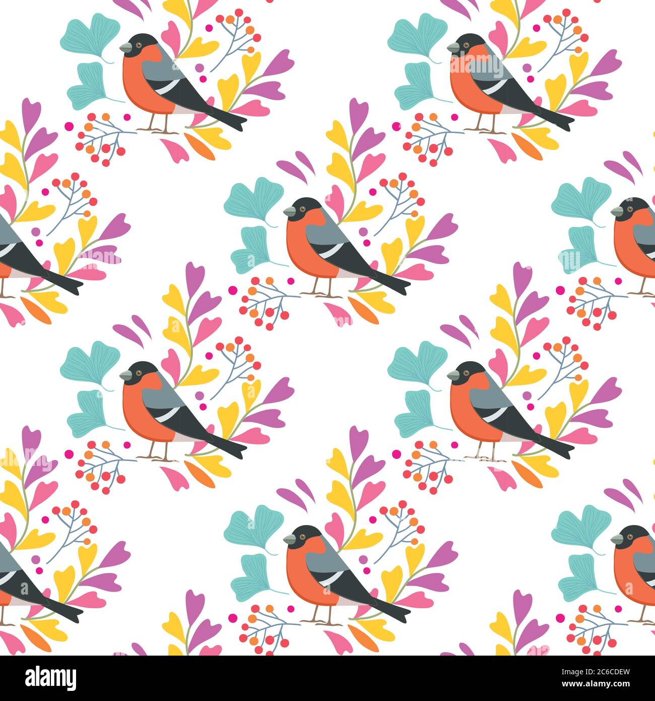 Seamless pattern with cute birds, leaves and berries. Vector ...