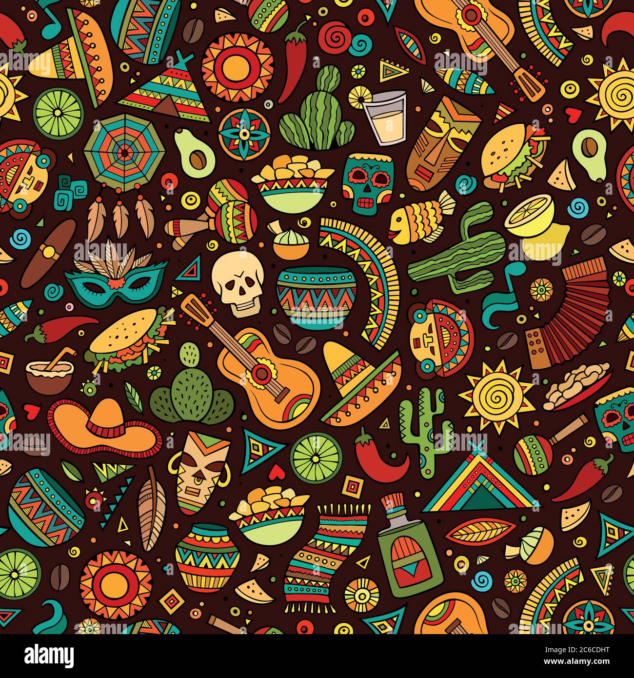Cartoon handdrawn latin american, mexican seamless pattern Stock Vector Image & Art Alamy