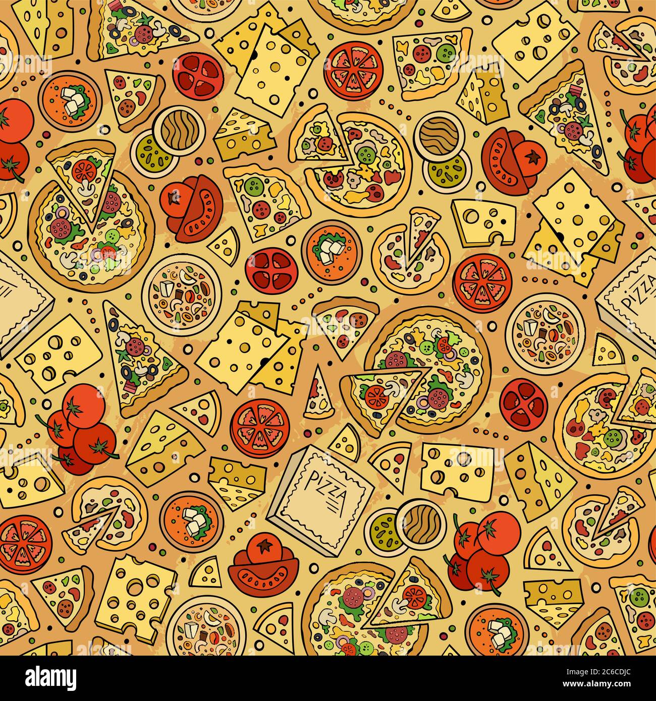 Cartoon cute hand drawn Pizza seamless pattern. Stock Vector
