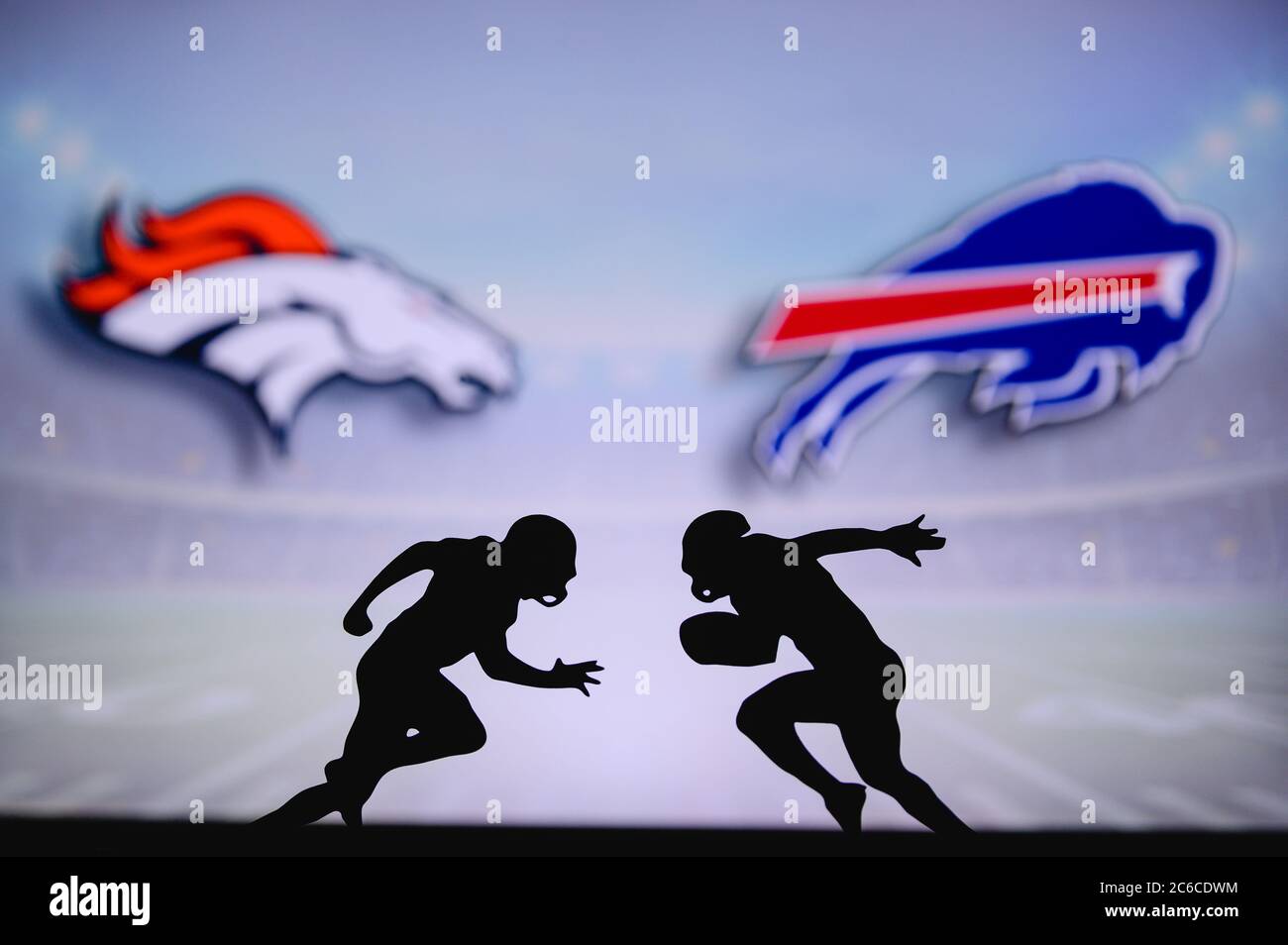 Denver Broncos vs. Buffalo Bills. NFL match poster. Two american football players silhouette