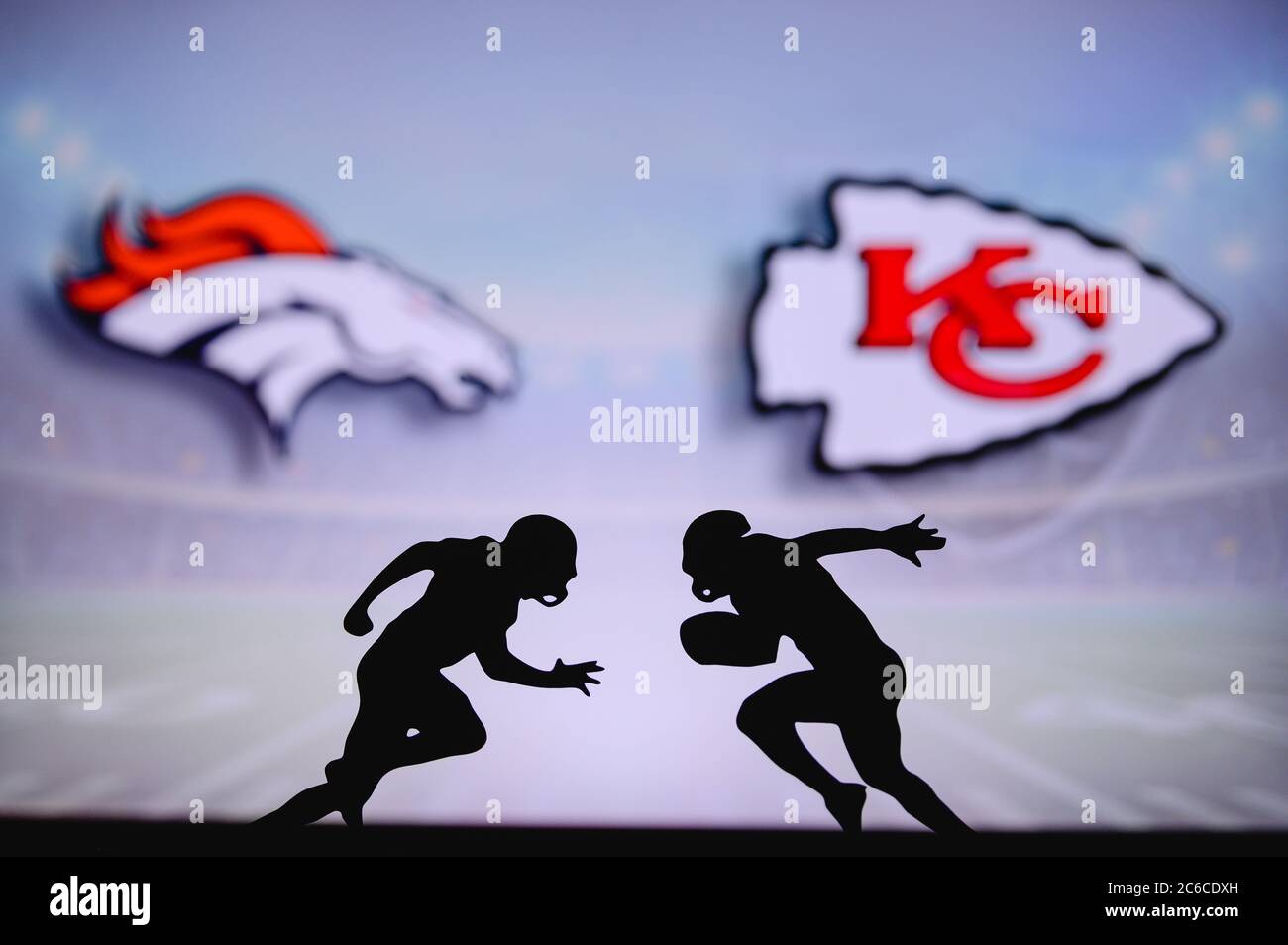 Denver Broncos vs. Kansas City Chiefs. NFL match poster. Two american