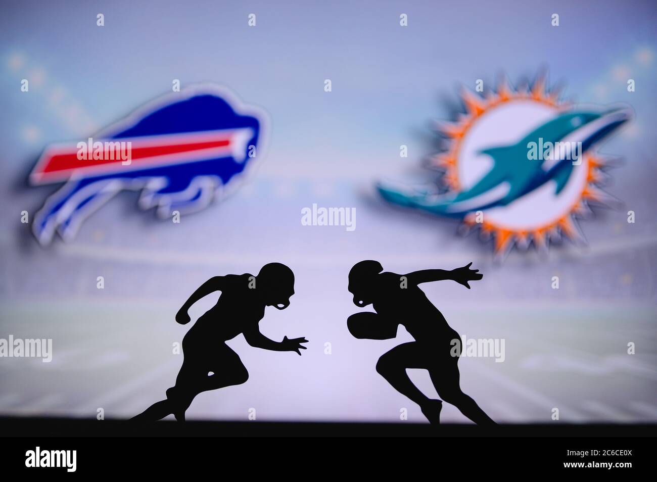 Buffalo Bills vs. Miami Dolphins. NFL match poster. Two american football  players silhouette facing each other on the field. Clubs logo in background  Stock Photo - Alamy