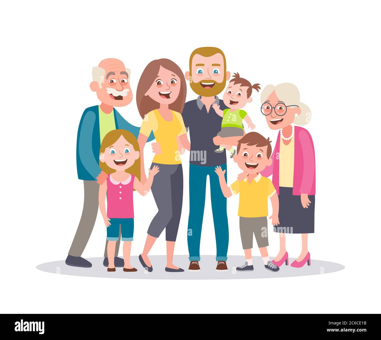 Family portrait. Parents, children and grandparents. Multi-generational family. Full lenght portrait of family members standing together. Vector illus Stock Vector