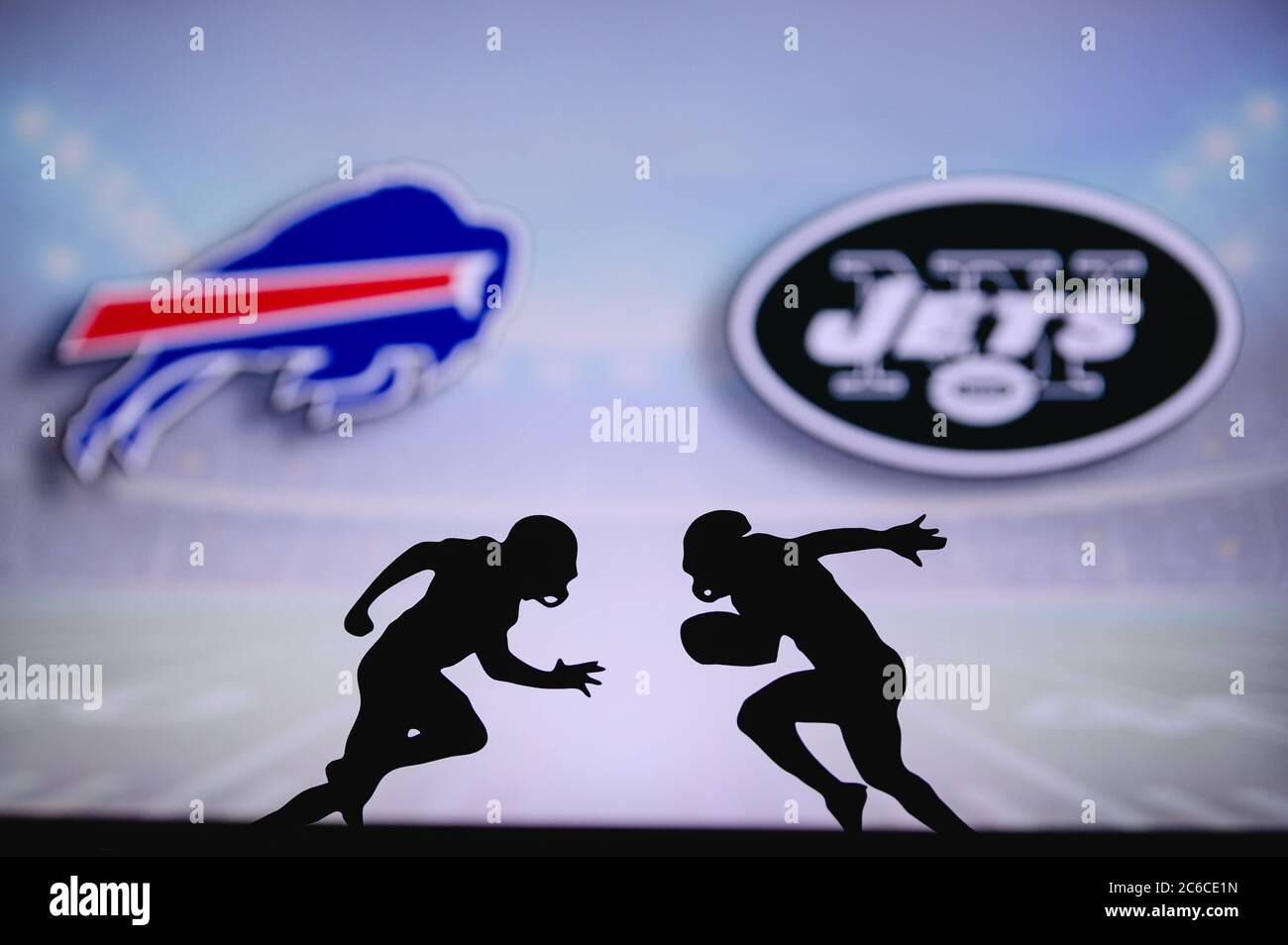 Buffalo Bills vs. New York Jets. NFL match poster. Two american